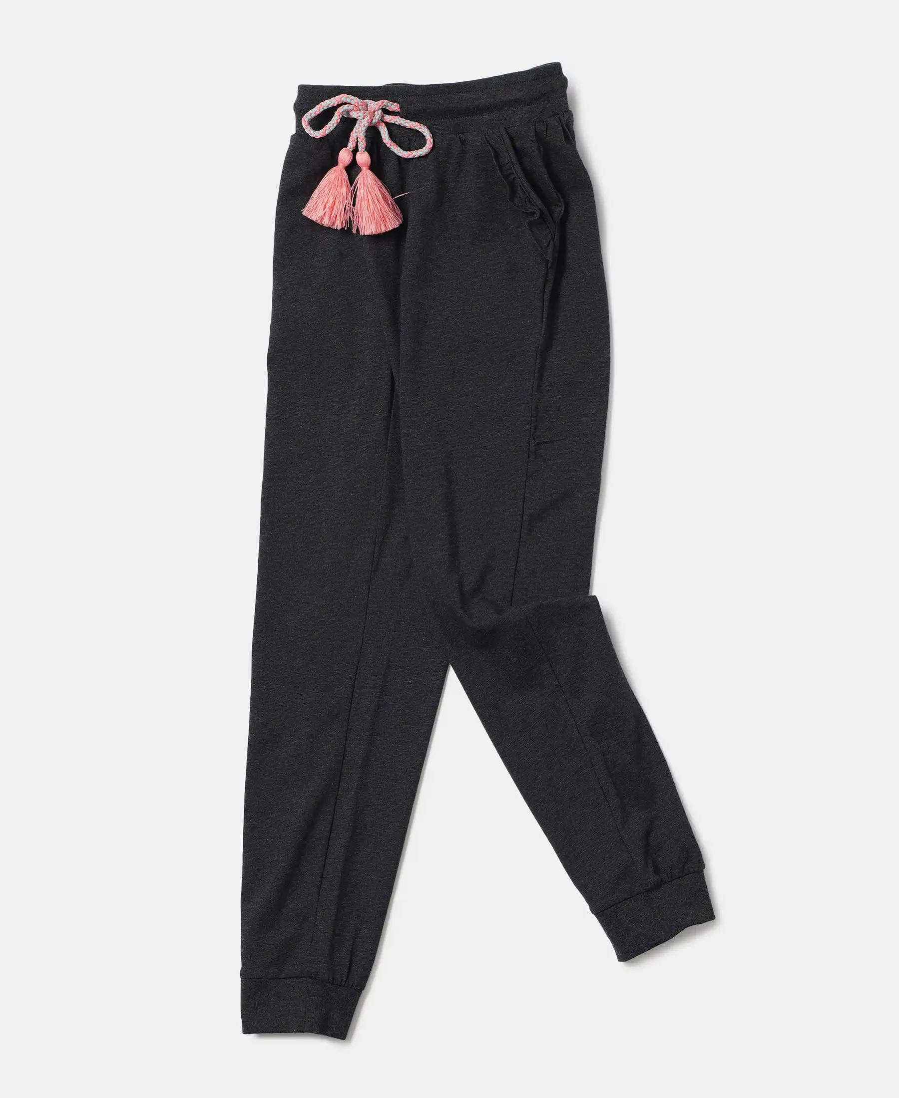 Girl's Super Combed Cotton Elastane Stretch Slim Fit Joggers - Black Melange - Image 5