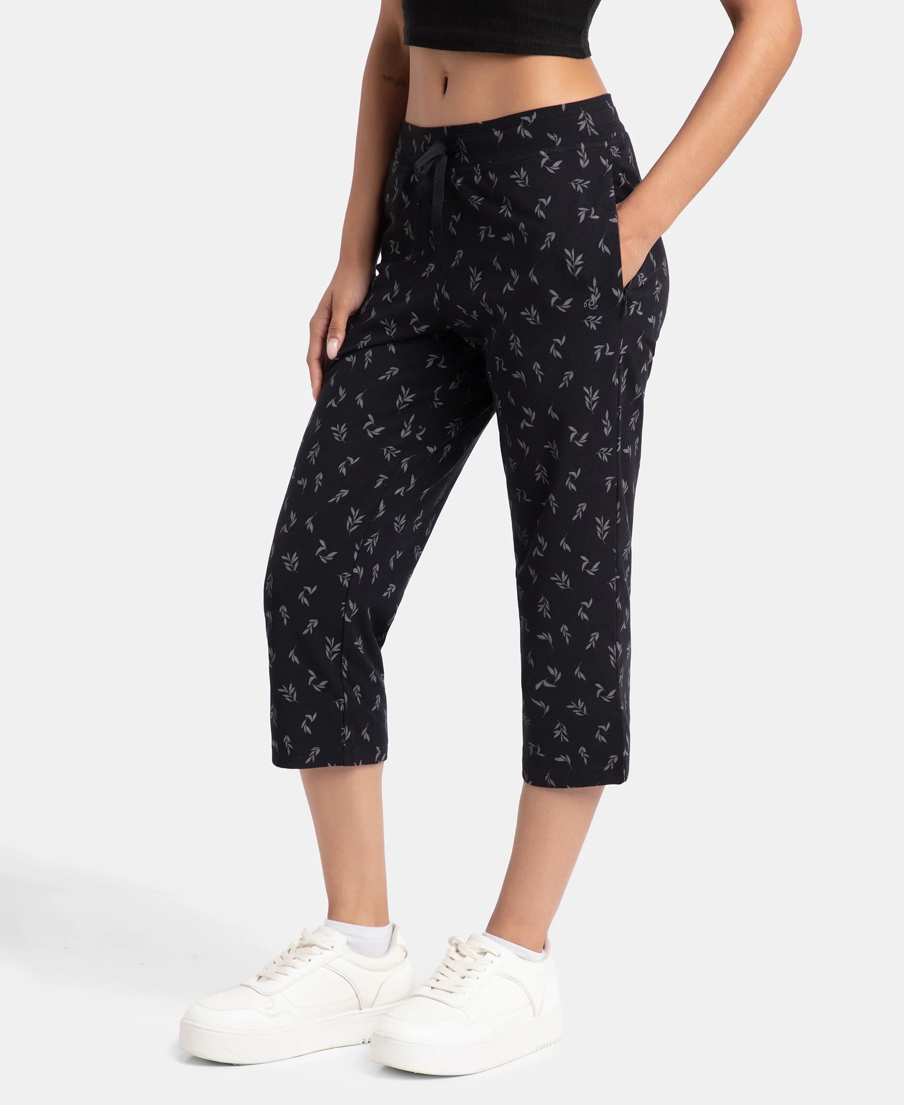 Super Combed Cotton Elastane Stretch Slim Fit Printed Capri with Side Pockets - Black Printed - Image 2