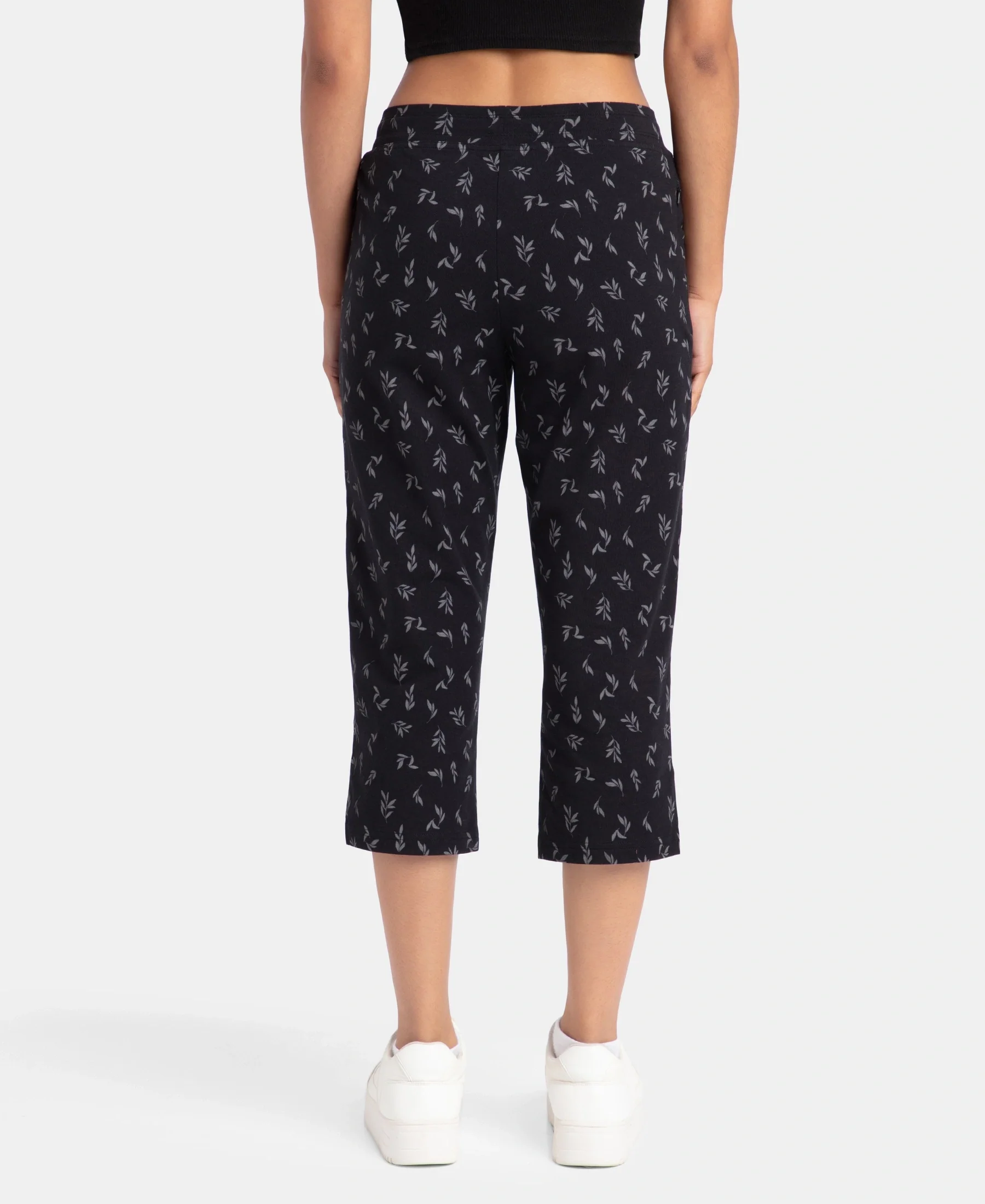 Super Combed Cotton Elastane Stretch Slim Fit Printed Capri with Side Pockets - Black Printed - Image 3