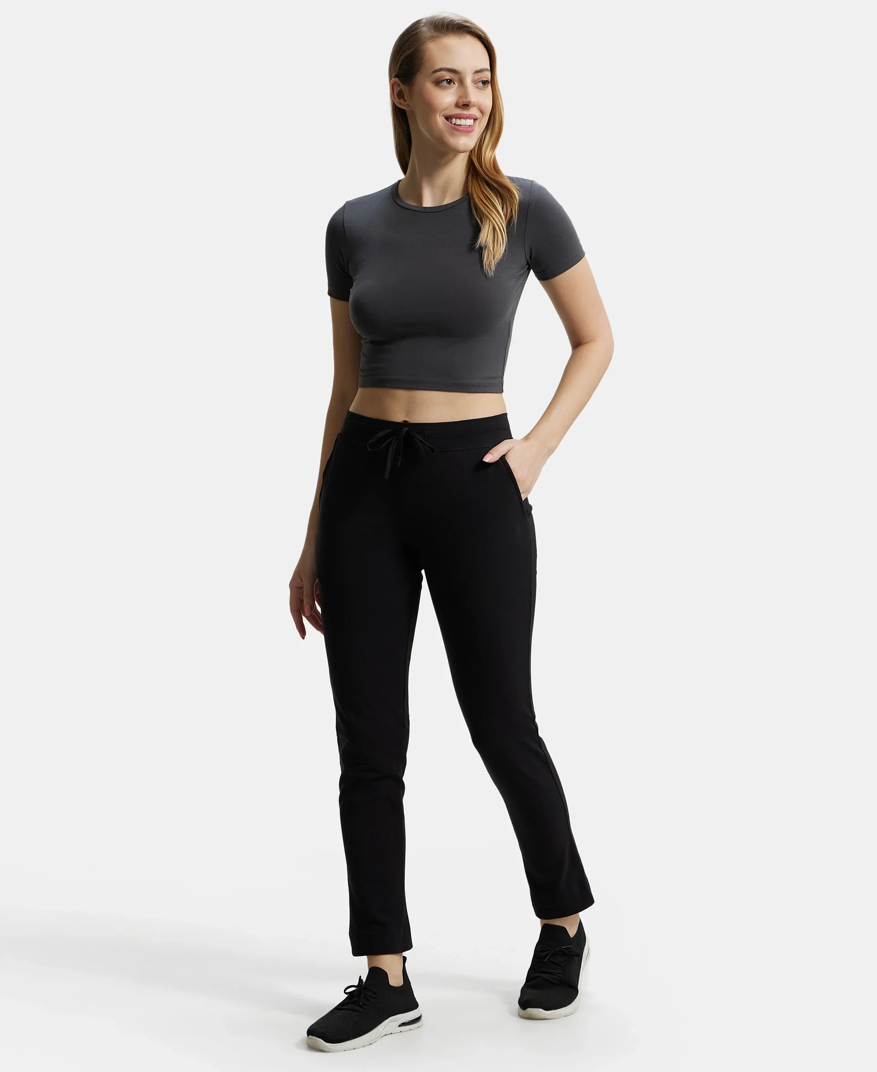 Super Combed Cotton Elastane Stretch Slim Fit Trackpants With Side Pockets - Black - Image 6
