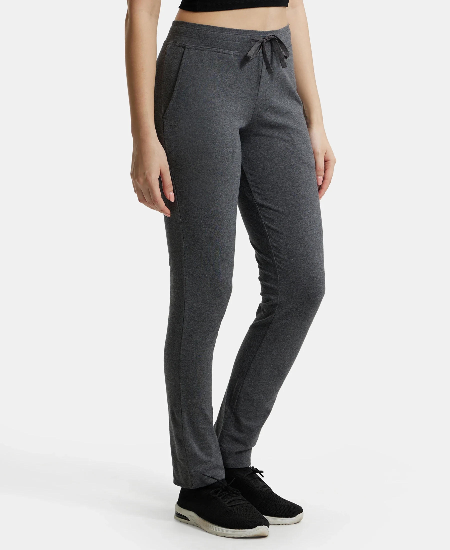 Super Combed Cotton Elastane Stretch Slim Fit Trackpants With Side Pockets - Charcoal Melange - Image 2
