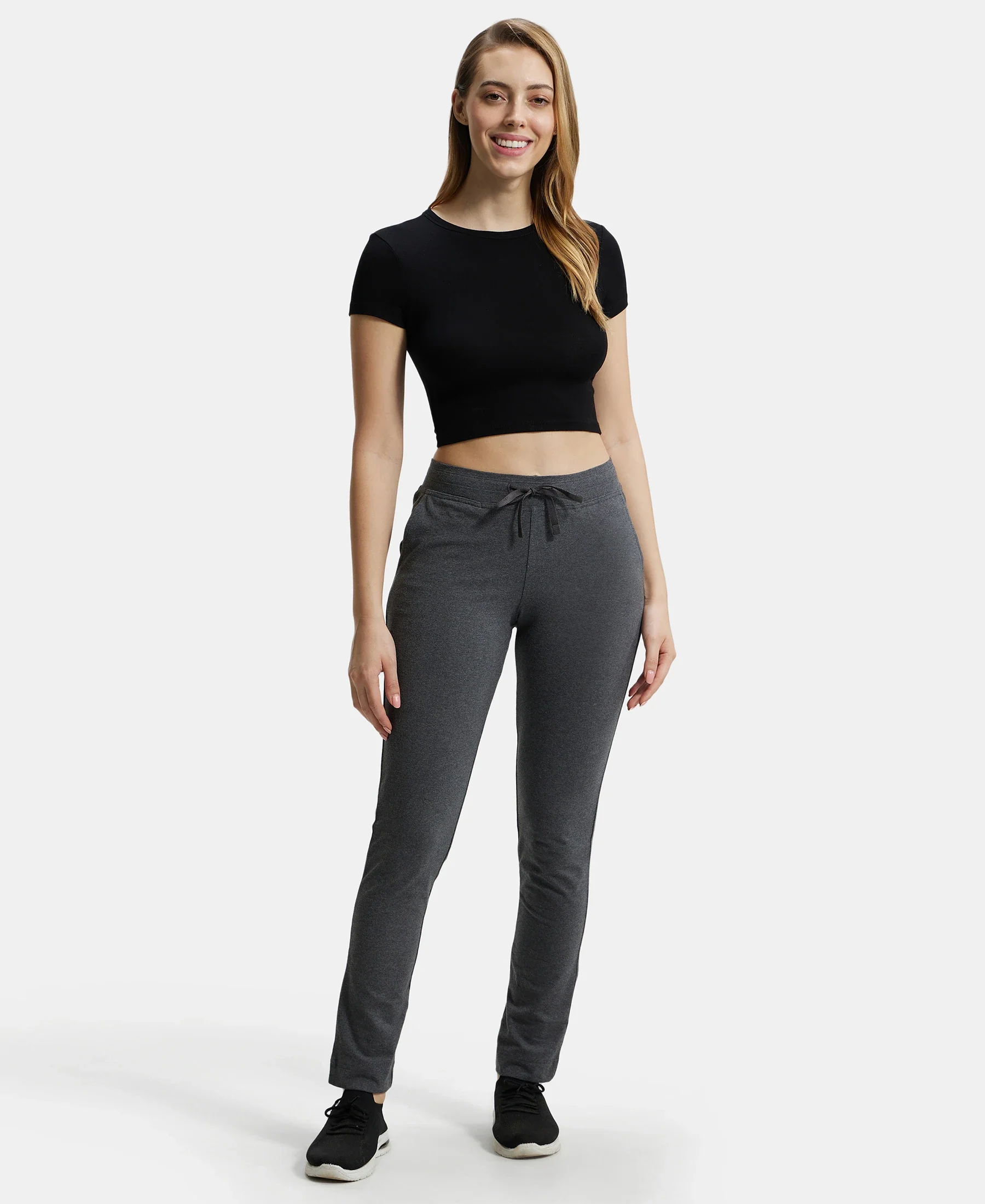 Super Combed Cotton Elastane Stretch Slim Fit Trackpants With Side Pockets - Charcoal Melange - Image 4