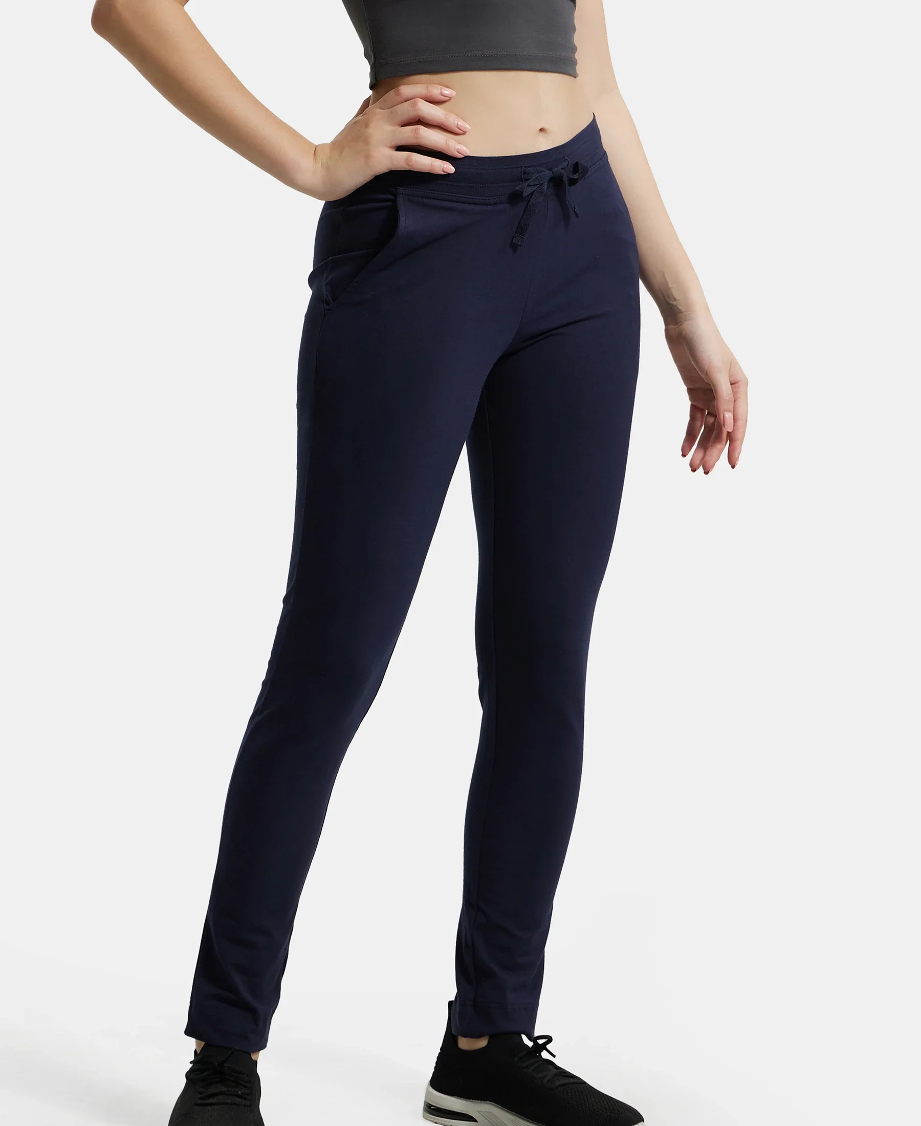 Super Combed Cotton Elastane Stretch Slim Fit Trackpants With Side Pockets - Navy Blazer - Image 5
