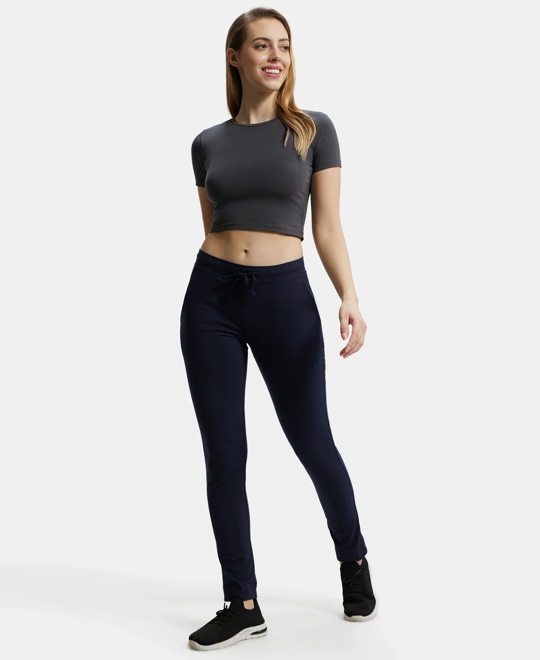 Super Combed Cotton Elastane Stretch Slim Fit Trackpants With Side Pockets - Navy Blazer - Image 6