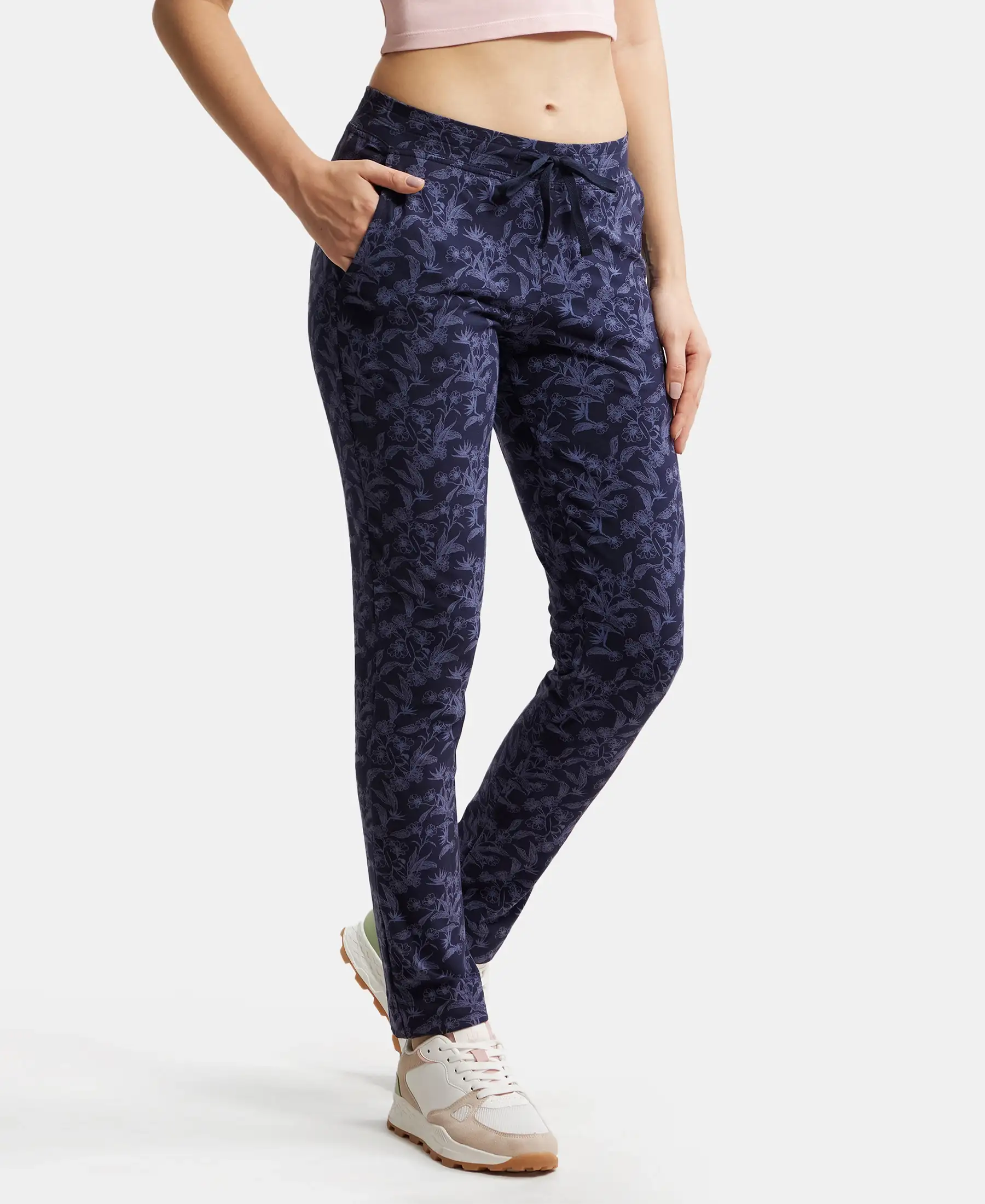 Super Combed Cotton Elastane Stretch Slim Fit Trackpants With Side Pockets - Navy Blazer Printed - Image 2