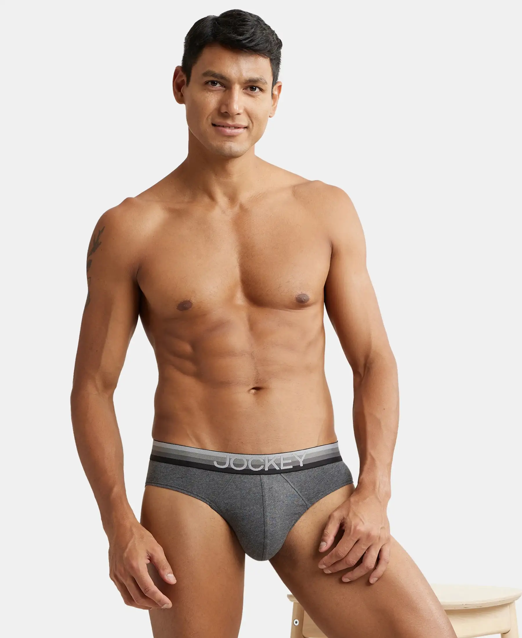 Super Combed Cotton Elastane Stretch Solid Brief with Ultrasoft Waistband - Charcoal Melange - Image 5