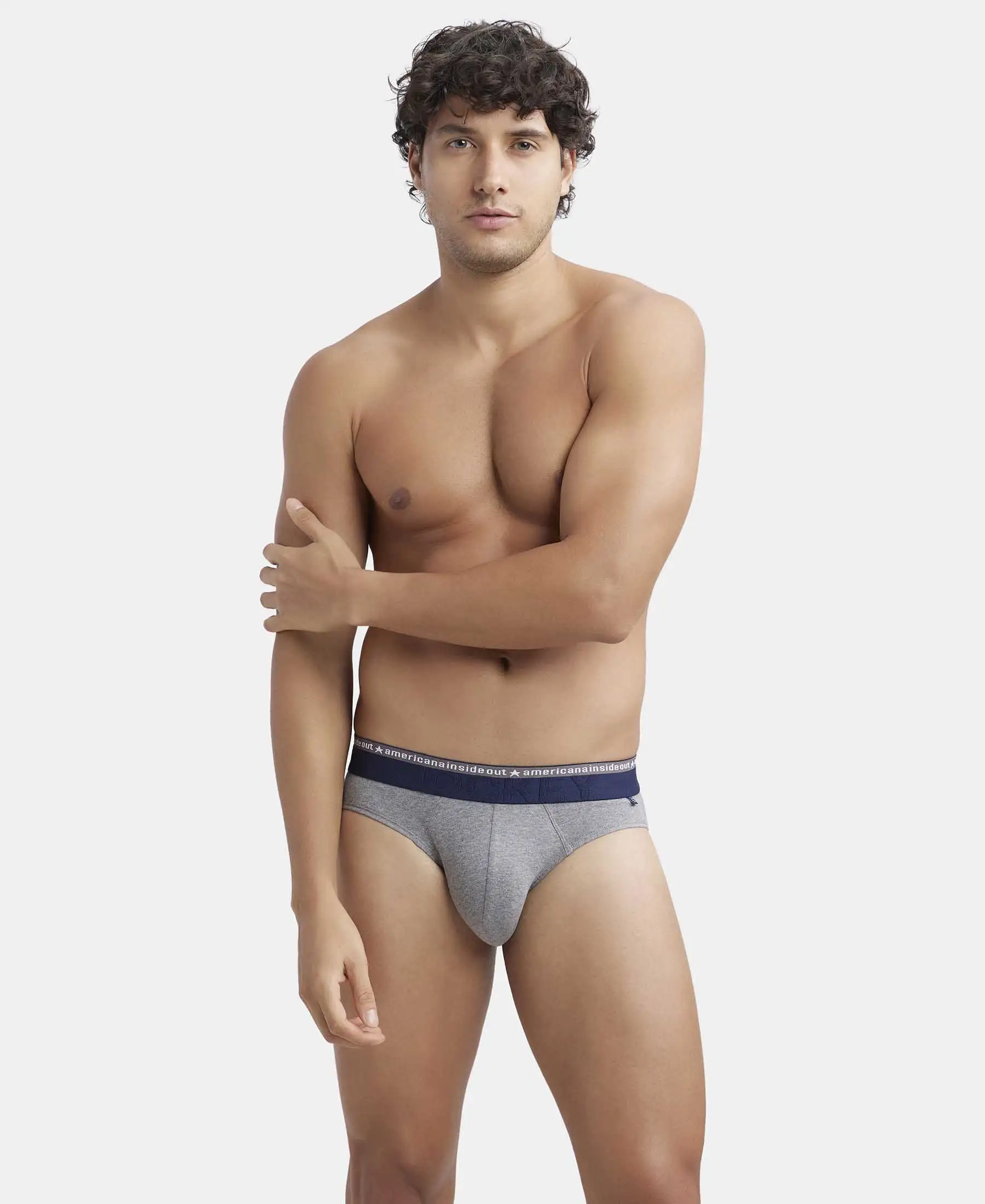 Super Combed Cotton Elastane Stretch Solid Brief with Ultrasoft Waistband - Mid Grey Melange - Image 5