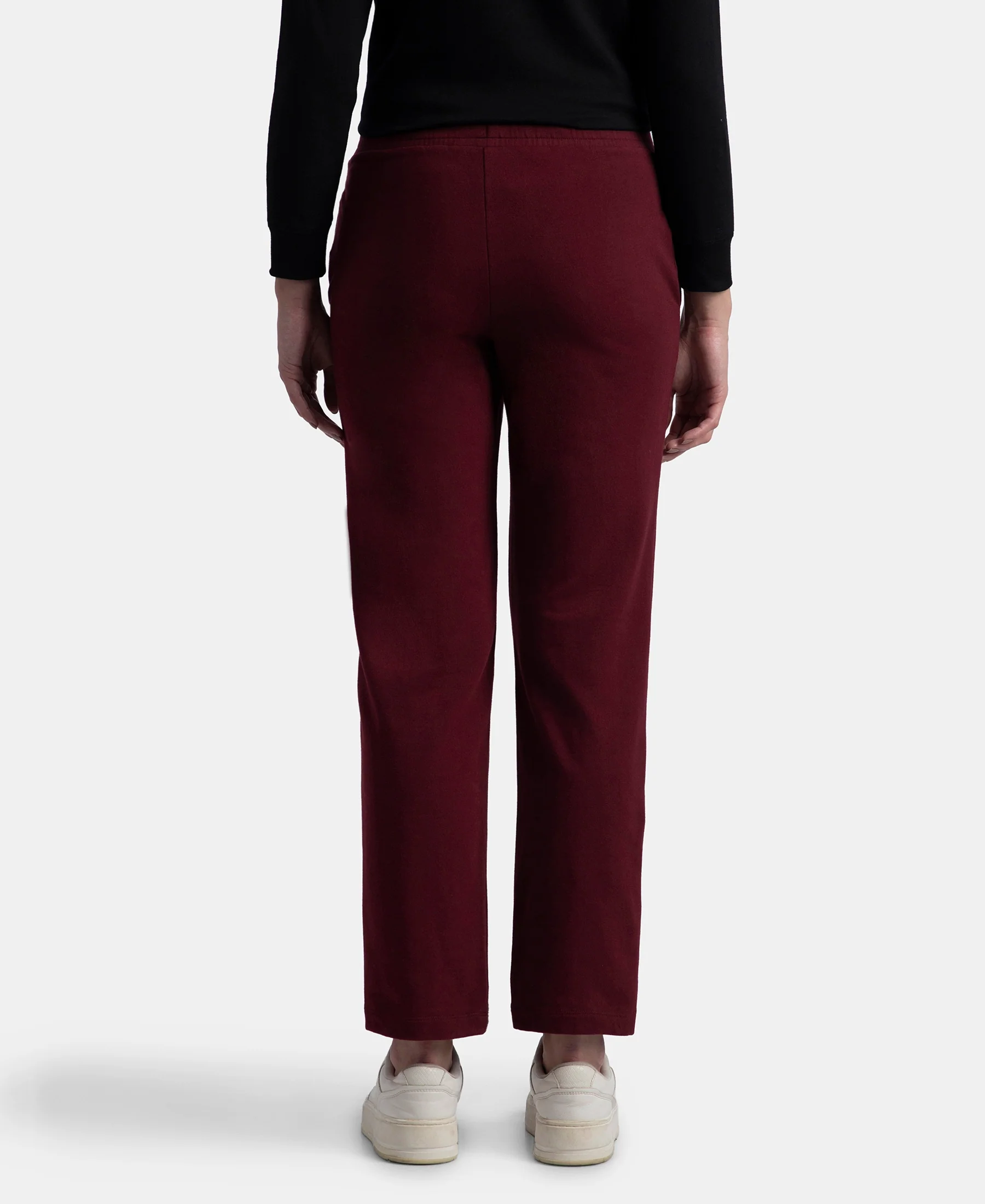 Super Combed Cotton Elastane Stretch French Terry Straight Fit Trackpants with Side Pockets - Tawny Port - Image 3