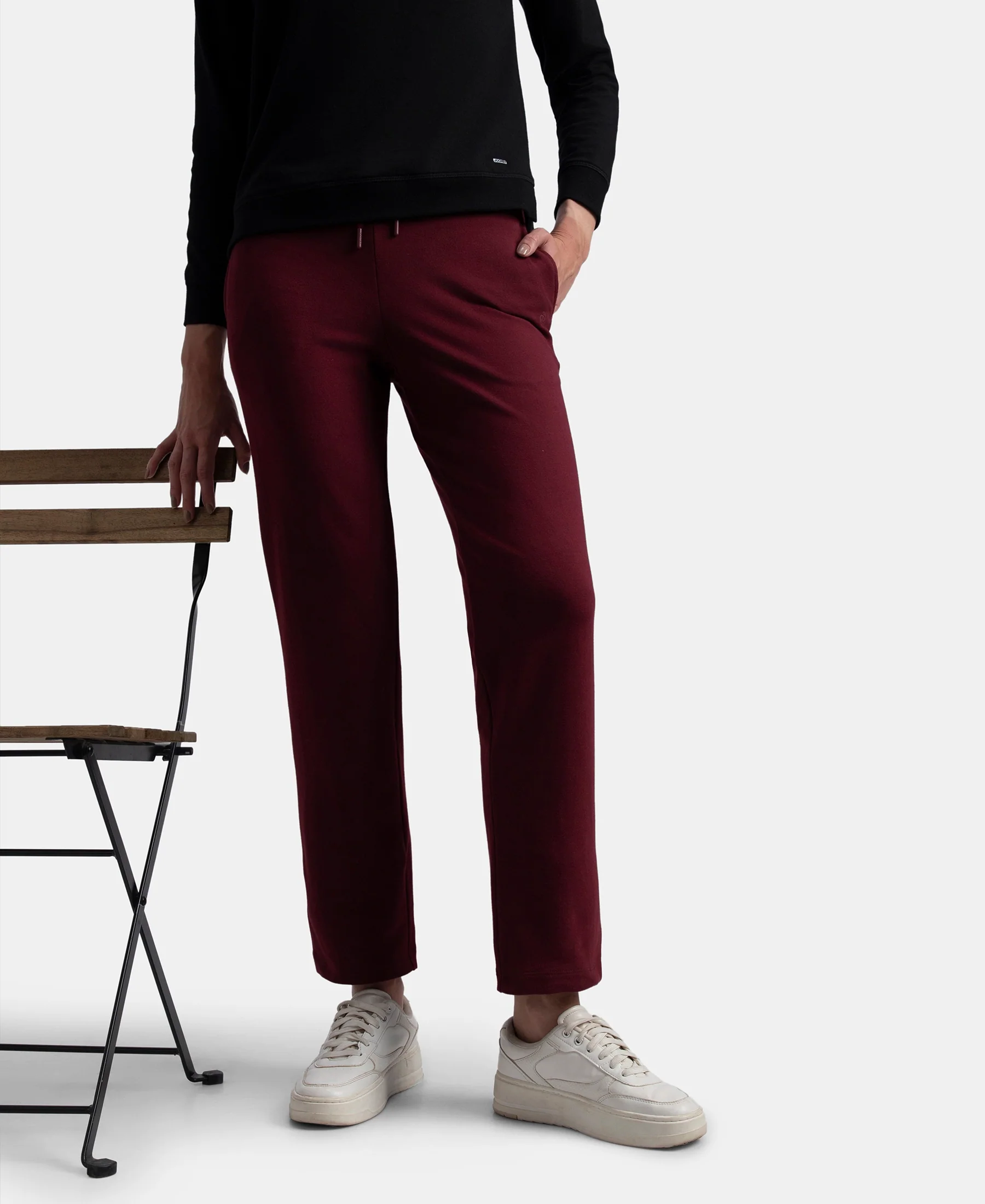 Super Combed Cotton Elastane Stretch French Terry Straight Fit Trackpants with Side Pockets - Tawny Port - Image 5