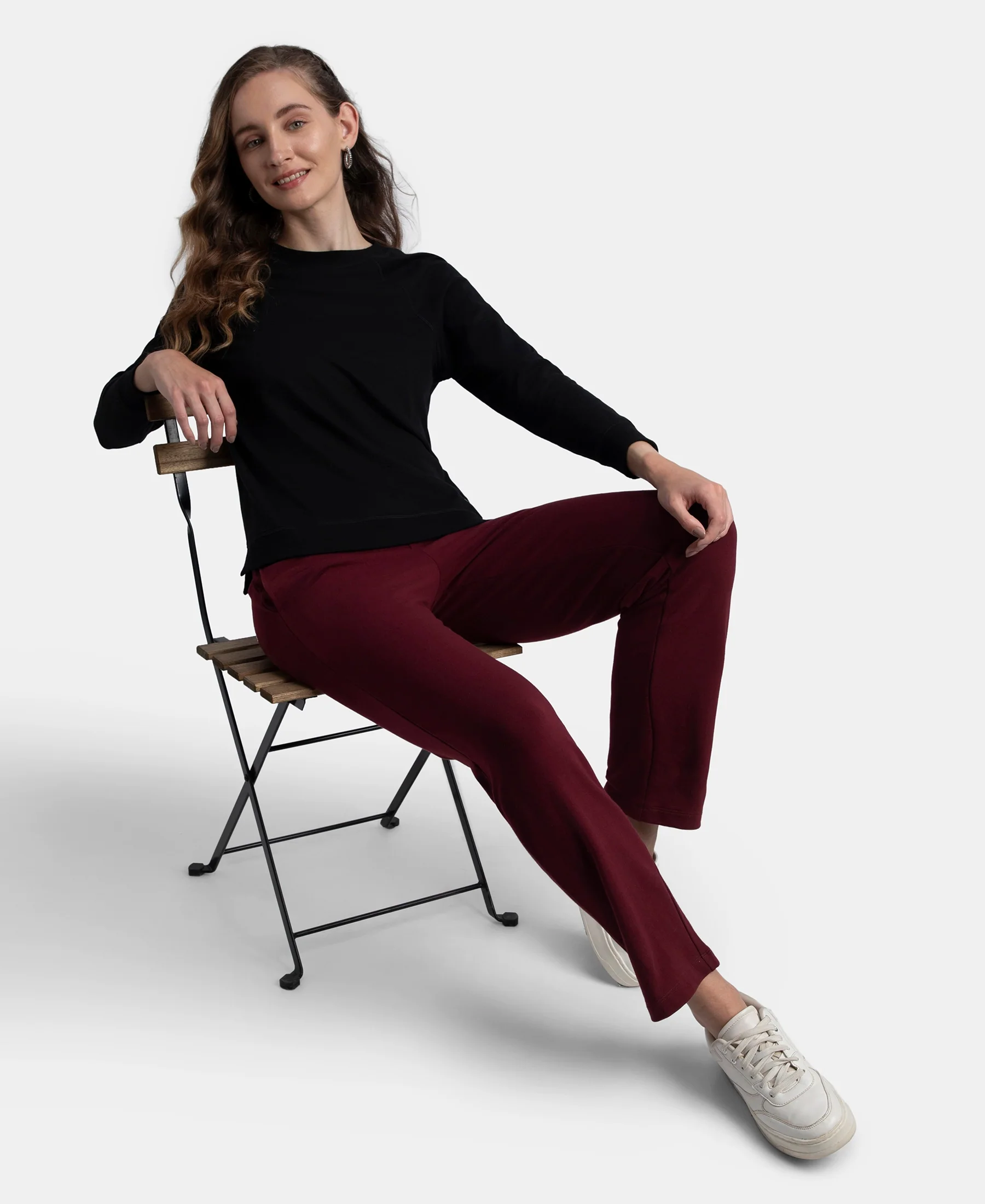 Super Combed Cotton Elastane Stretch French Terry Straight Fit Trackpants with Side Pockets - Tawny Port - Image 6