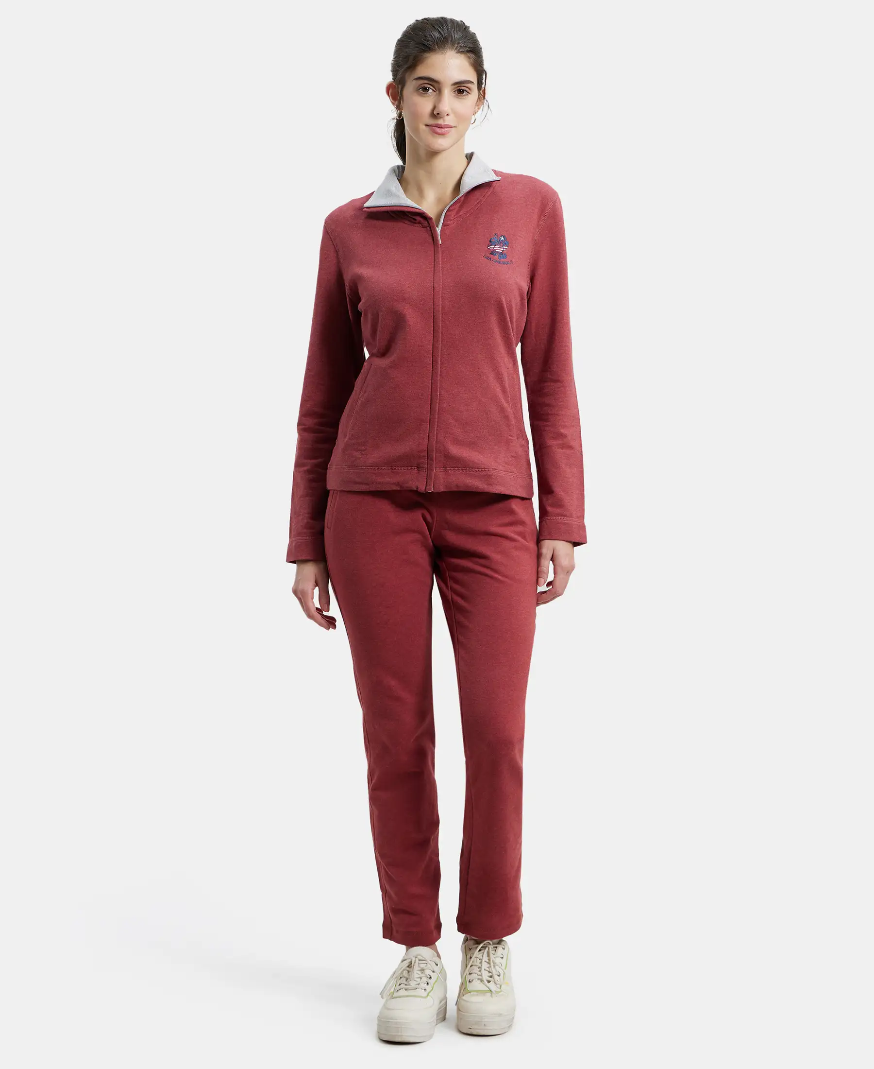Super Combed Cotton Elastane Stretch Full Zip High Neck Jacket With Convenient Front Pockets - Rust Red Melange - Image 4