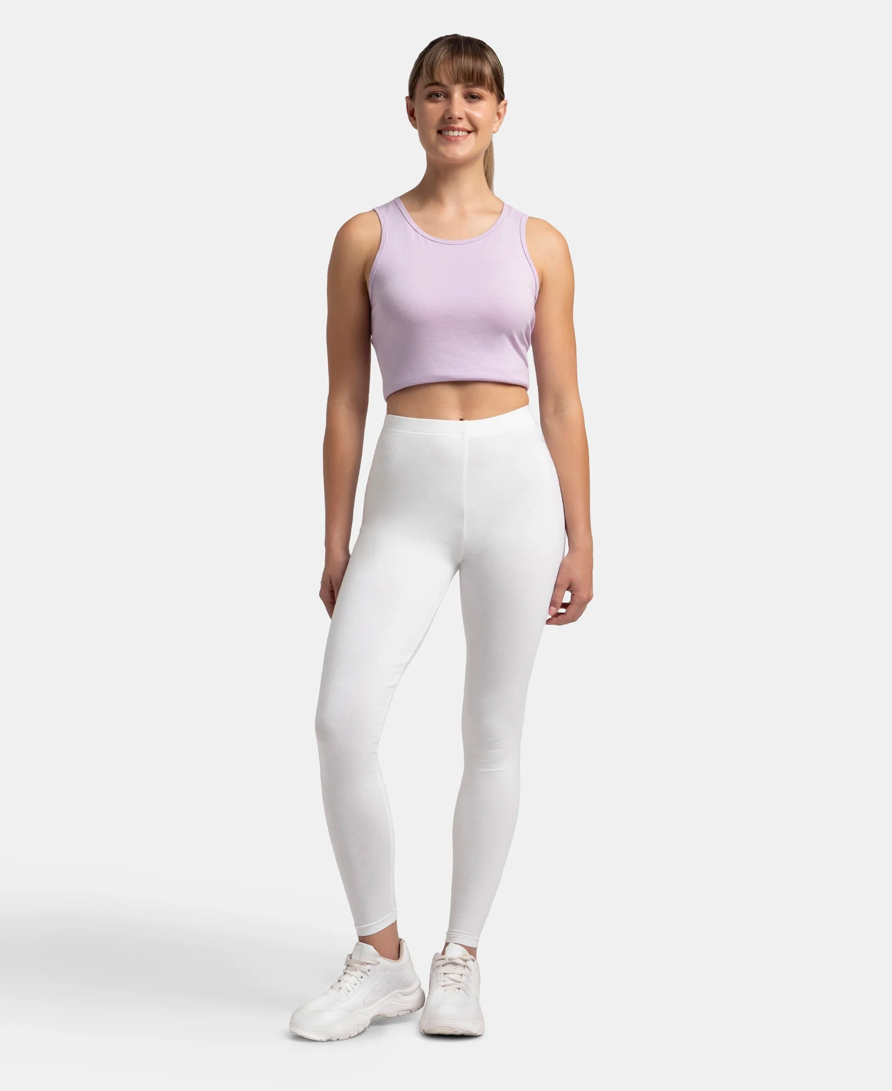 Super Combed Cotton Elastane Stretch Leggings with Ultrasoft Waistband - White - Image 4