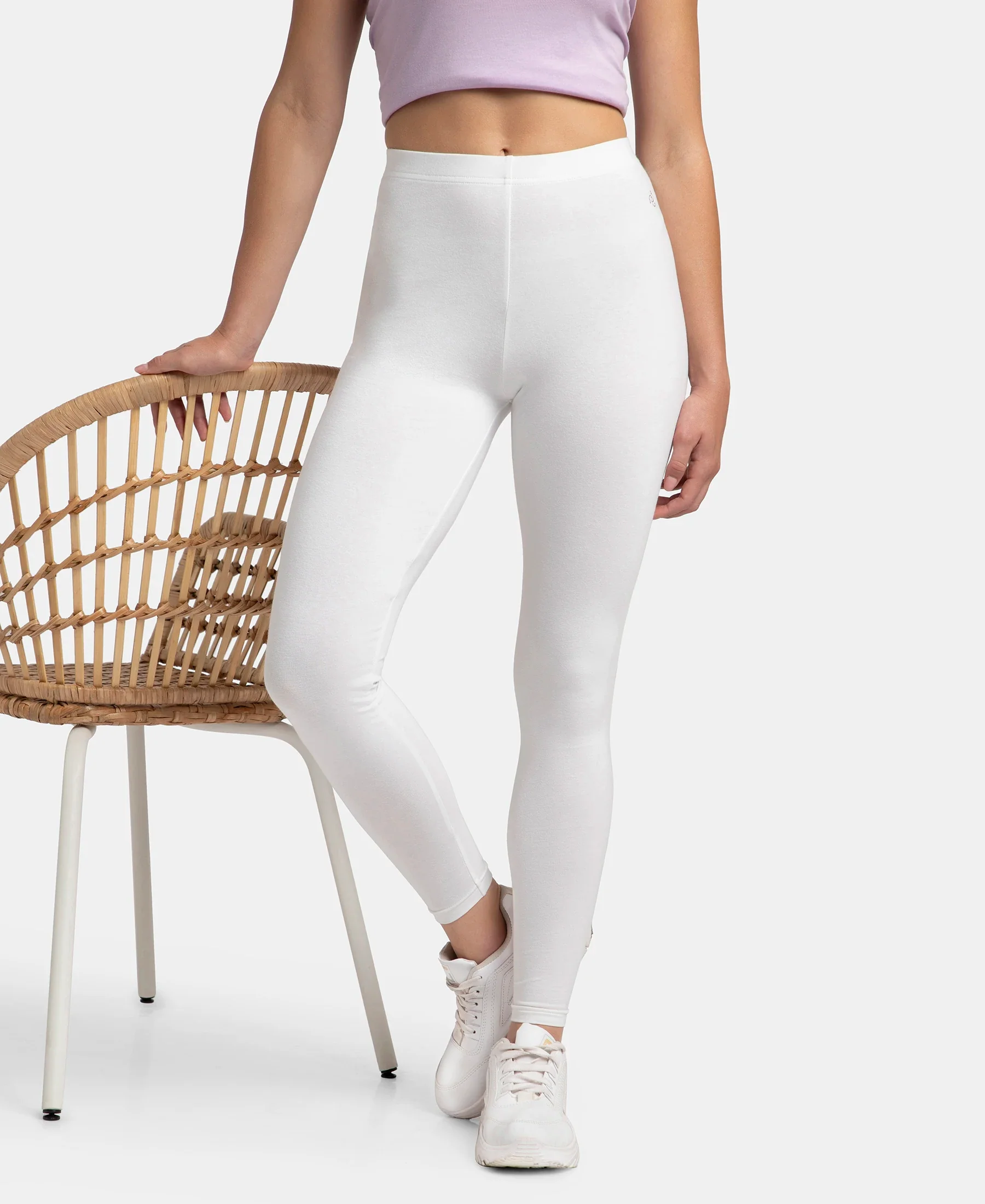 Super Combed Cotton Elastane Stretch Leggings with Ultrasoft Waistband - White - Image 5