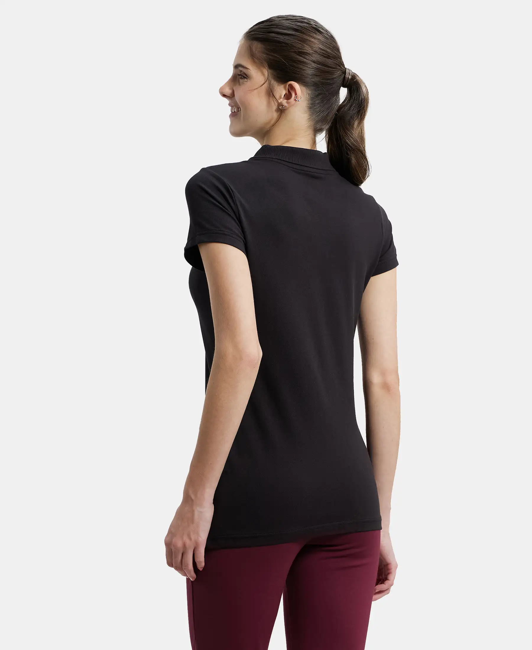Super Combed Cotton Elastane Stretch Pique Fabric Regular Fit Printed Half Sleeve Polo T-Shirt - Black - Image 3