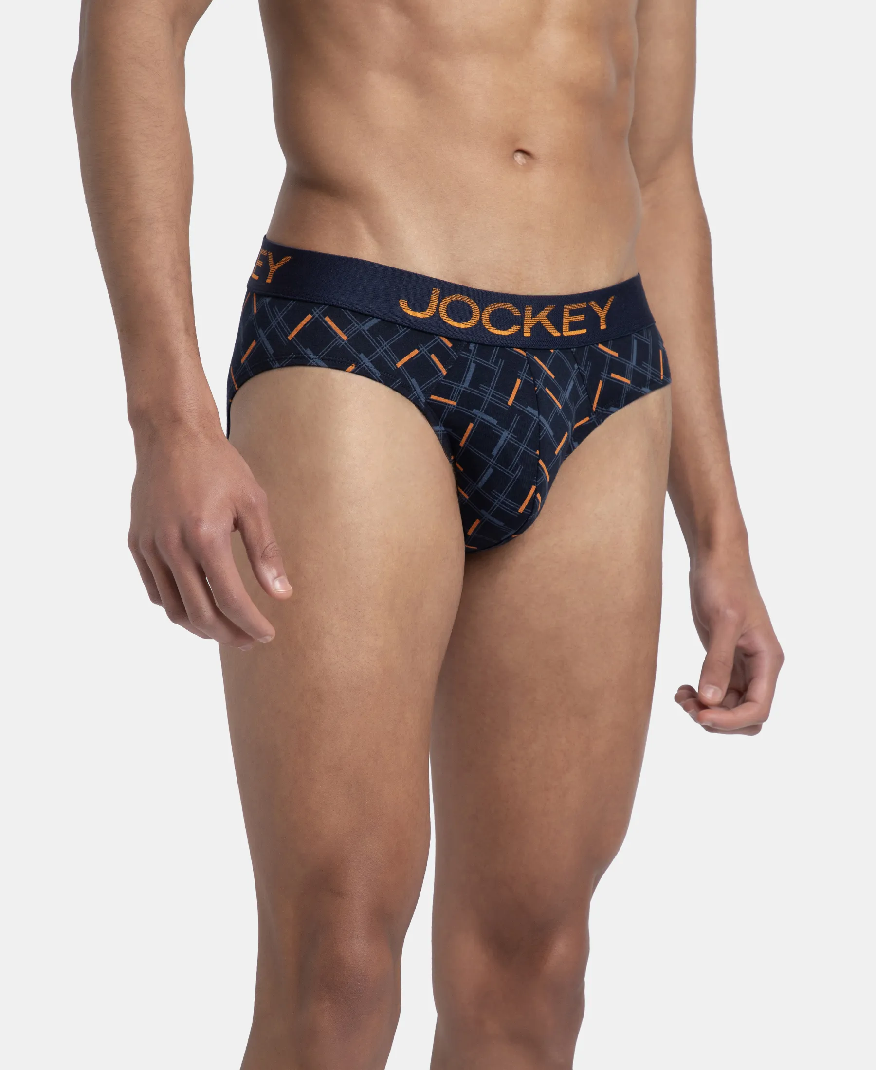 Super Combed Cotton Elastane Stretch Printed Brief with Ultrasoft Waistband - Navy & Orange - Image 2