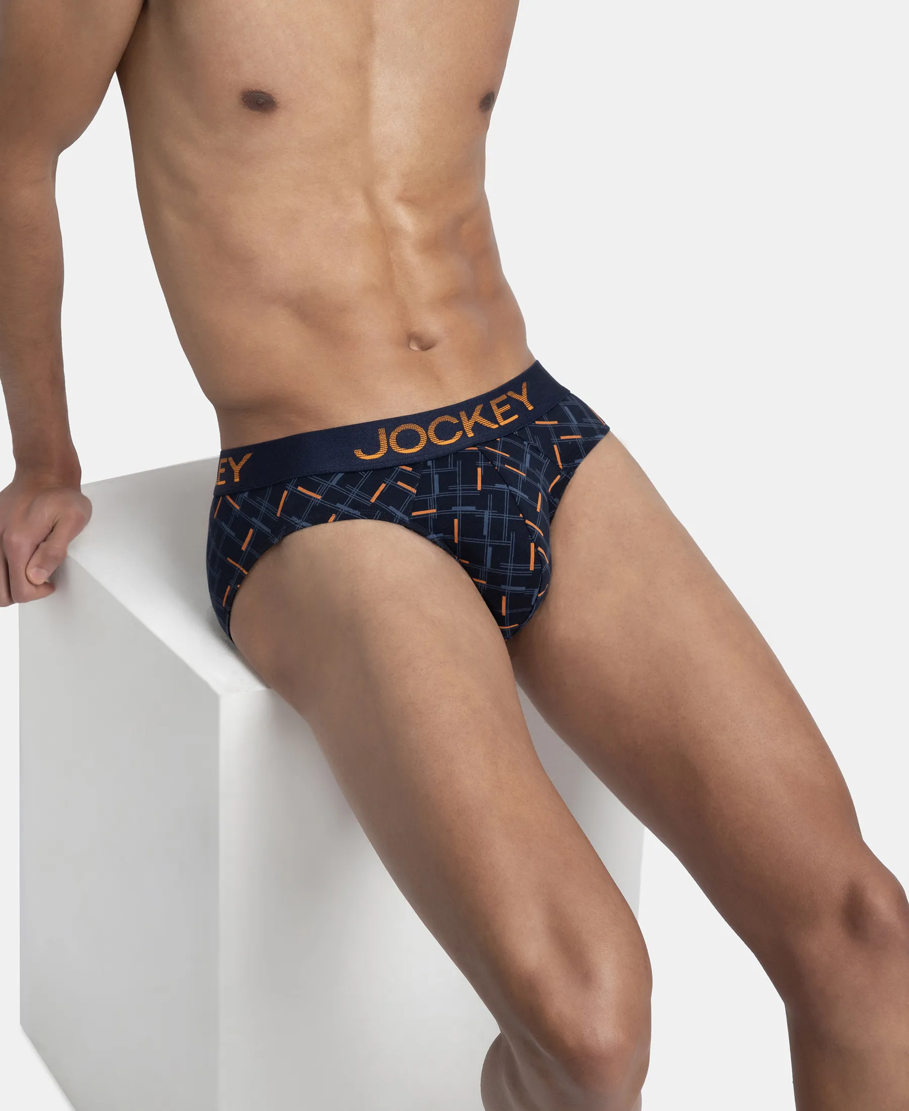 Super Combed Cotton Elastane Stretch Printed Brief with Ultrasoft Waistband - Navy & Orange - Image 5