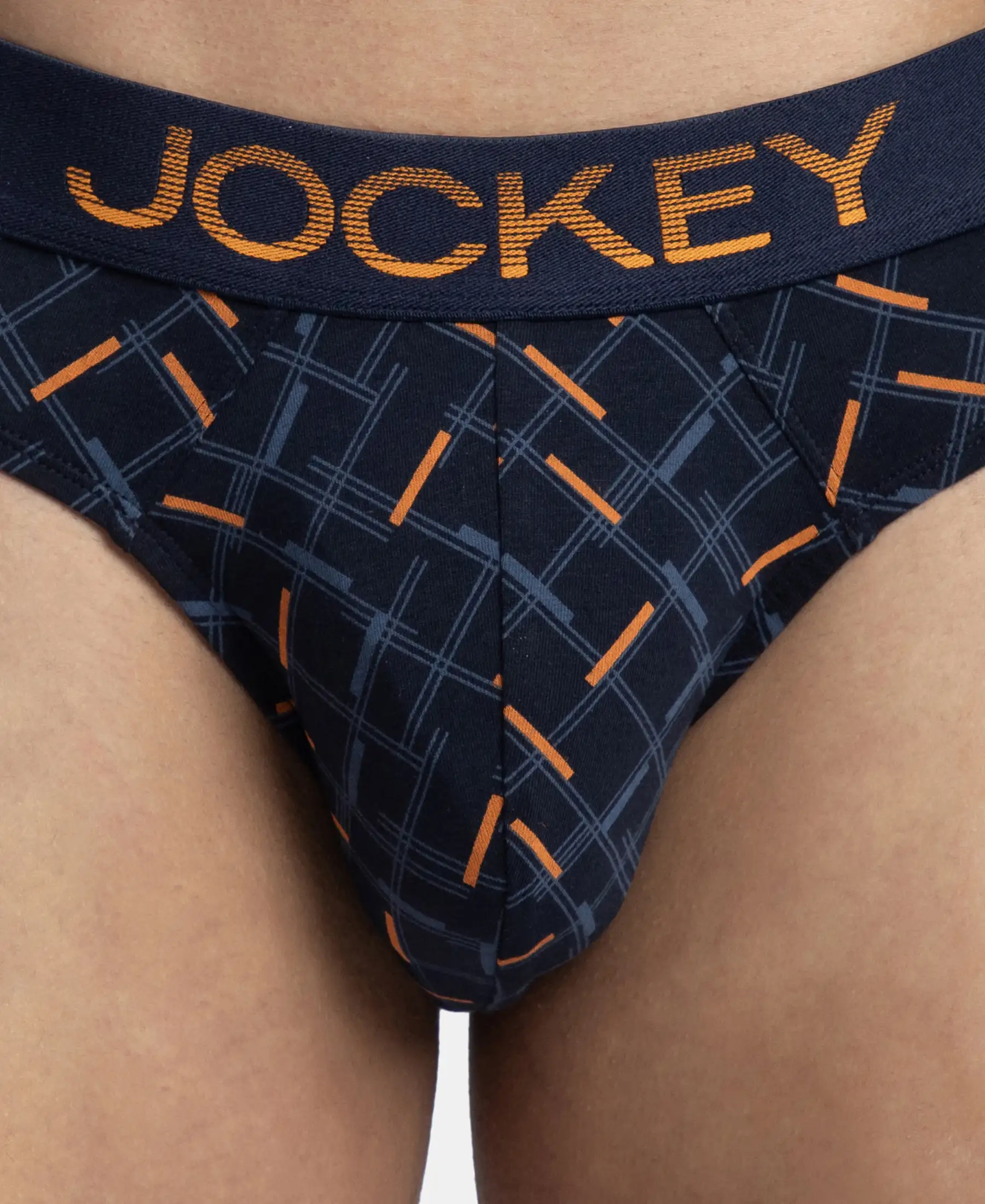 Super Combed Cotton Elastane Stretch Printed Brief with Ultrasoft Waistband - Navy & Orange - Image 6