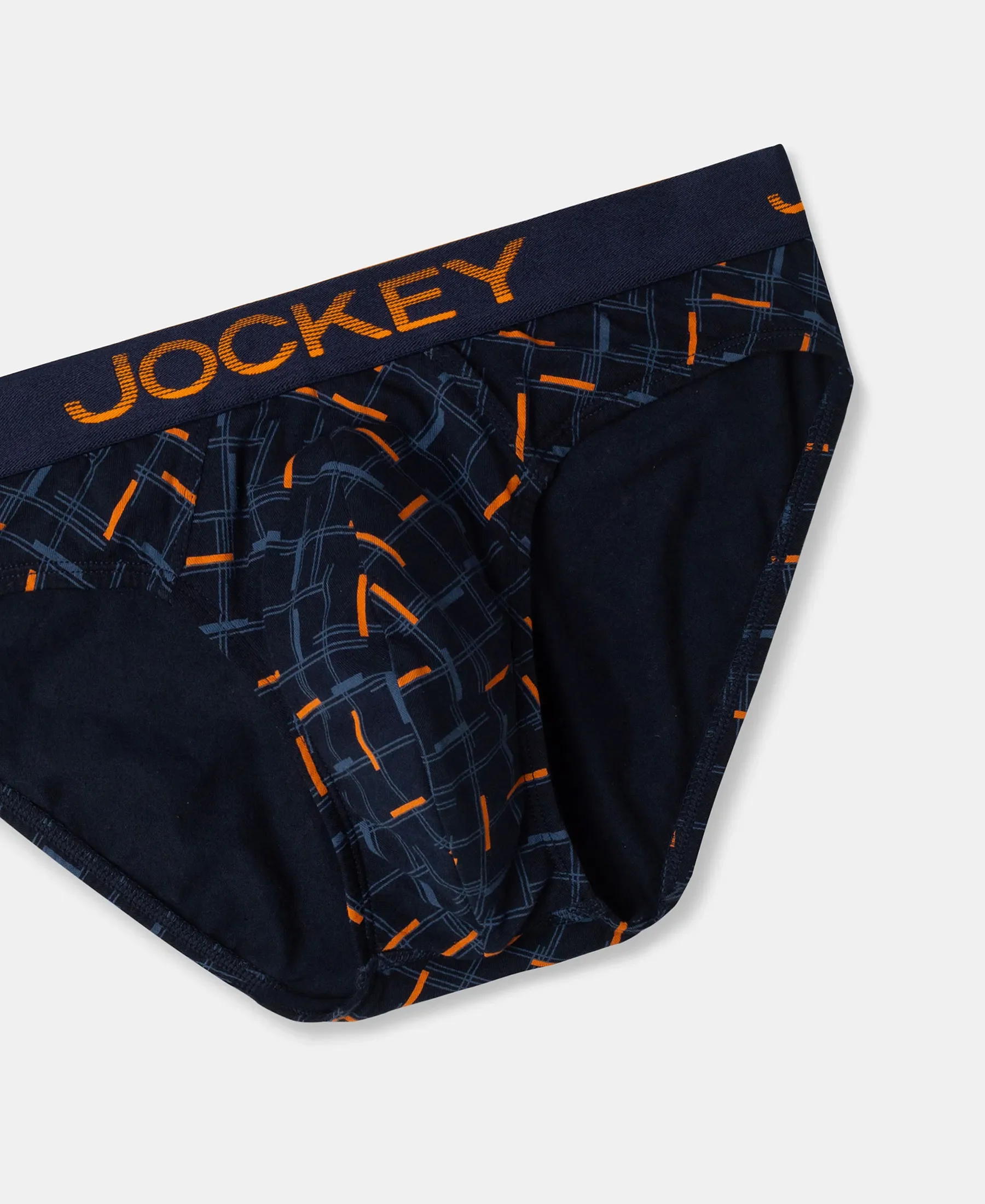 Super Combed Cotton Elastane Stretch Printed Brief with Ultrasoft Waistband - Navy & Orange - Image 7