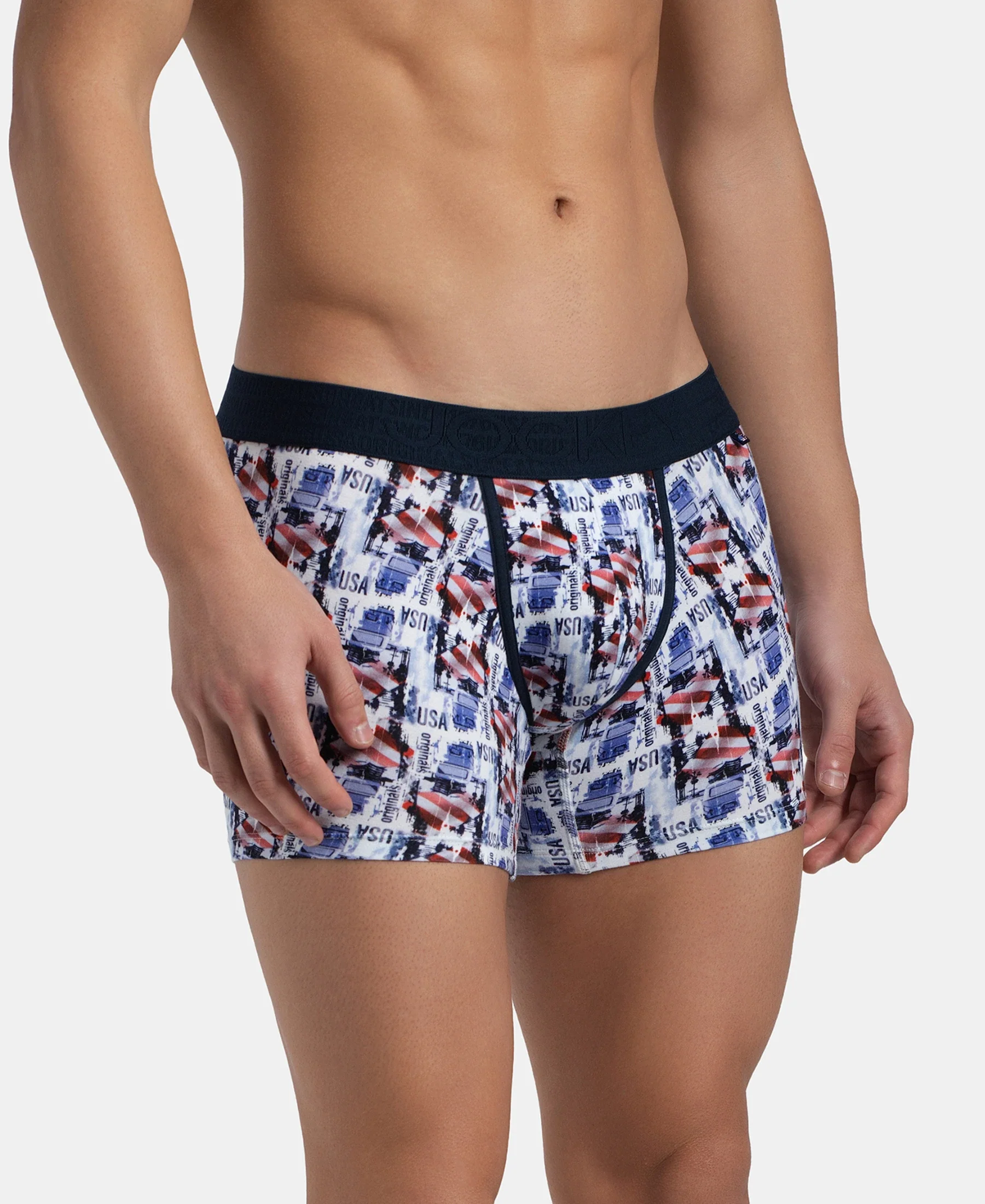 Super Combed Cotton Elastane Stretch Printed Trunk with Ultrasoft Waistband - White & Navy - Image 2