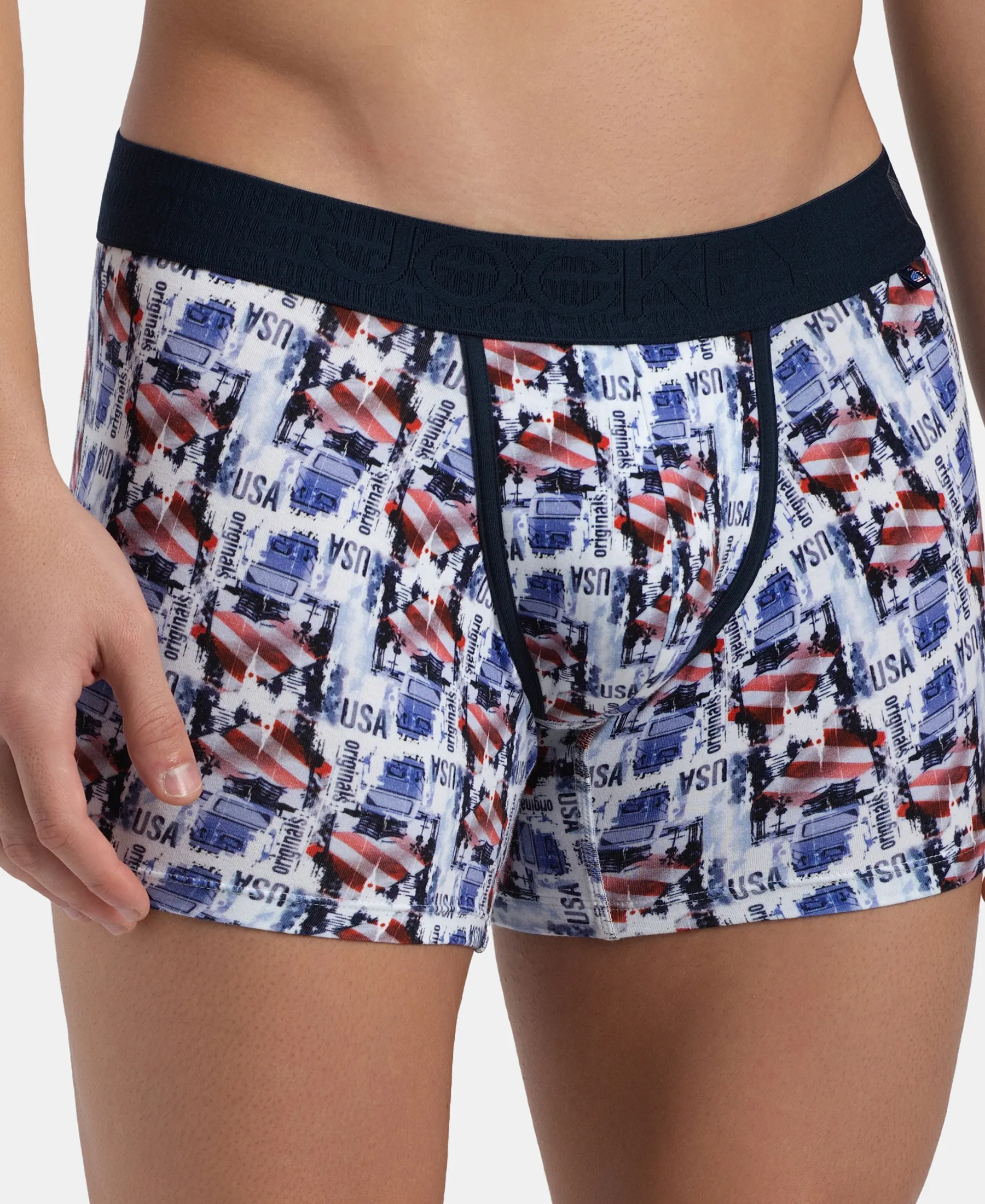Super Combed Cotton Elastane Stretch Printed Trunk with Ultrasoft Waistband - White & Navy - Image 7