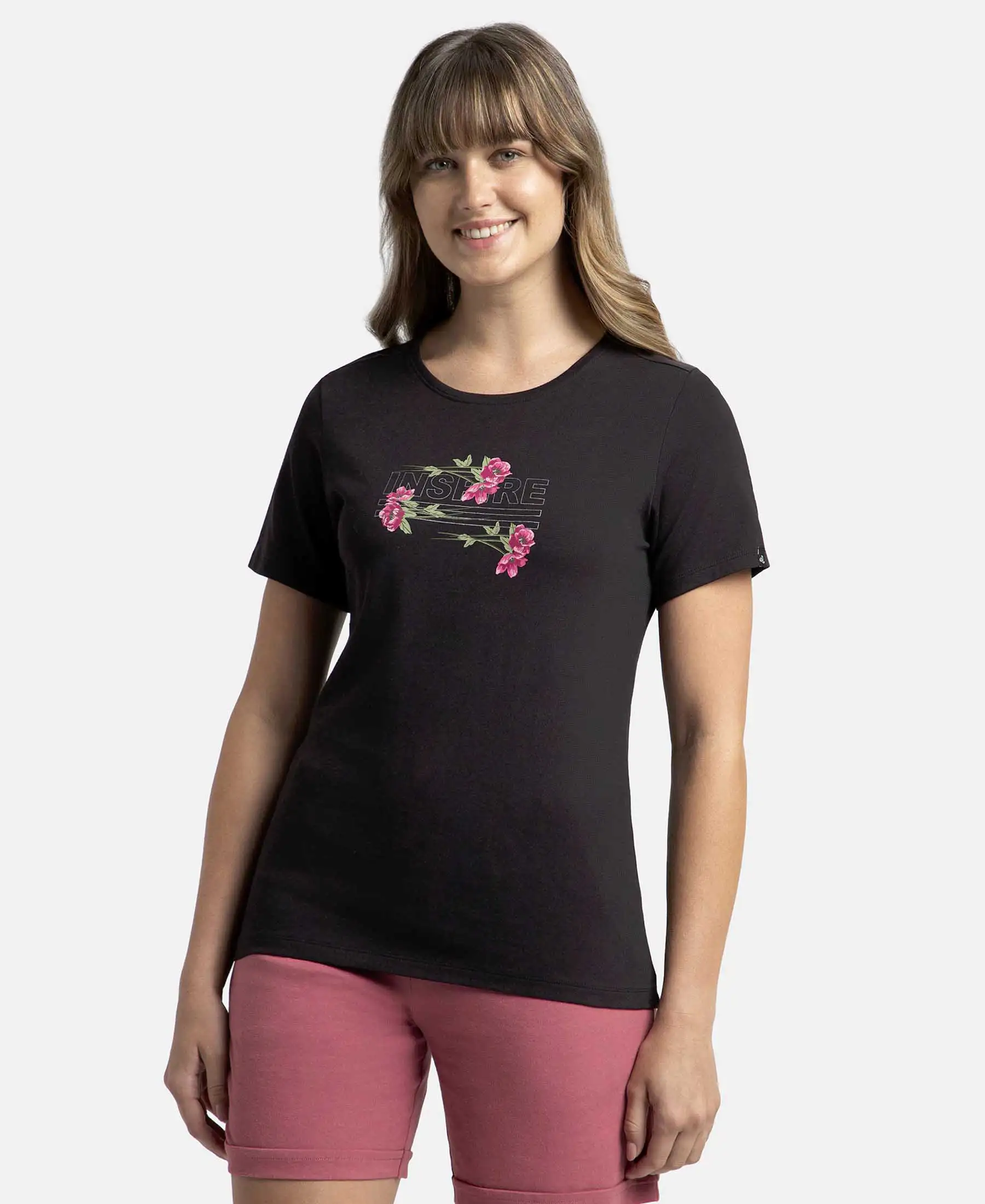 Super Combed Cotton Elastane Stretch Regular Fit Graphic Printed Round Neck Half Sleeve T-Shirt  - Black