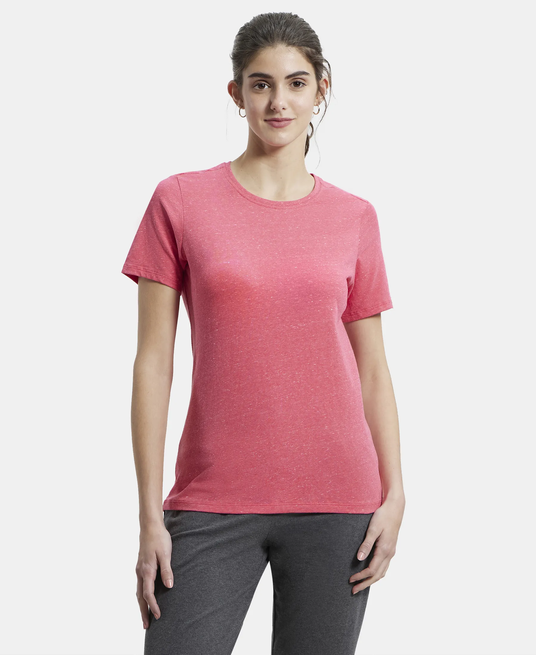 Super Combed Cotton Elastane Stretch Regular Fit Solid Round Neck Half Sleeve T-Shirt - Ruby Snow Melange