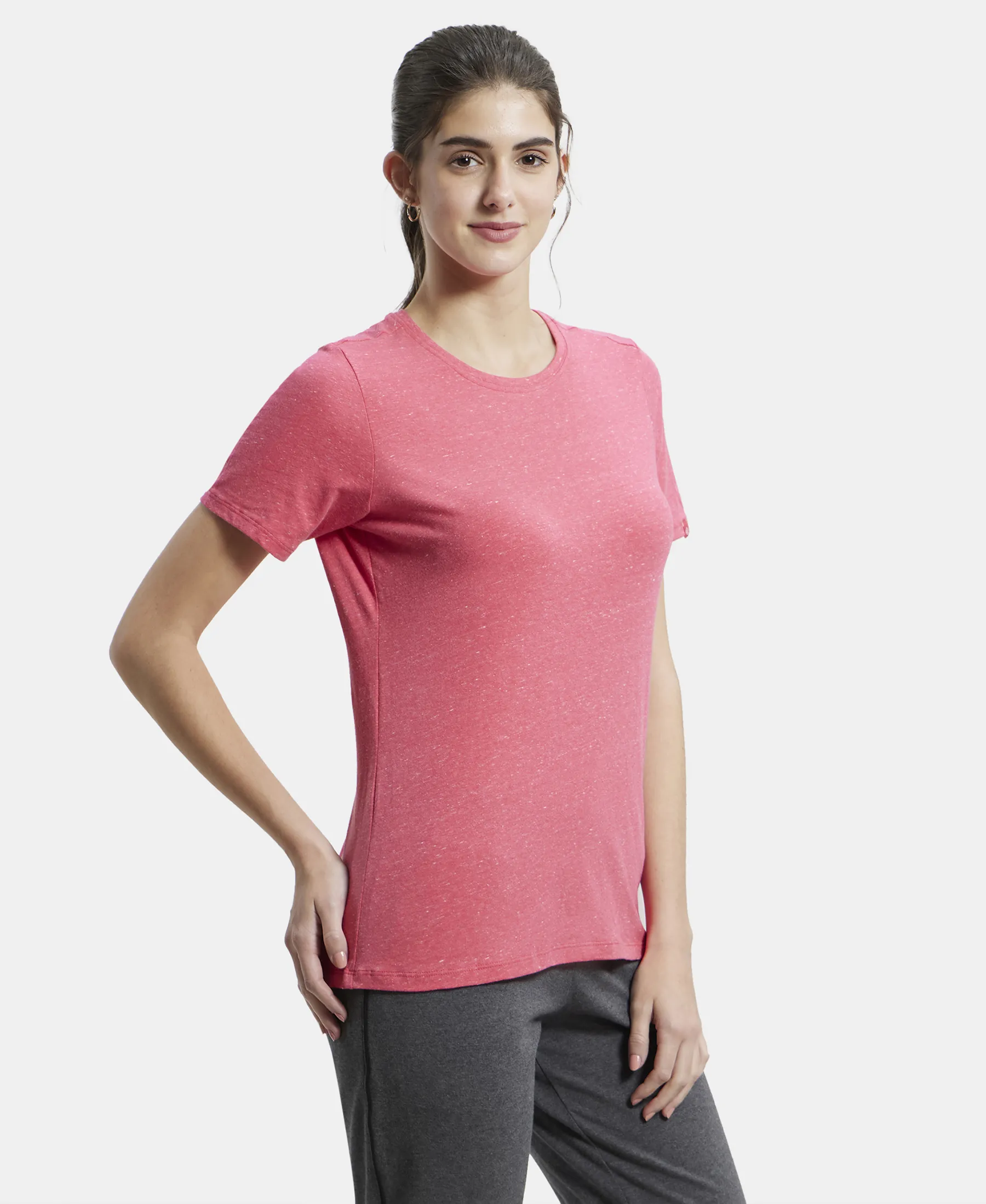 Super Combed Cotton Elastane Stretch Regular Fit Solid Round Neck Half Sleeve T-Shirt - Ruby Snow Melange - Image 2