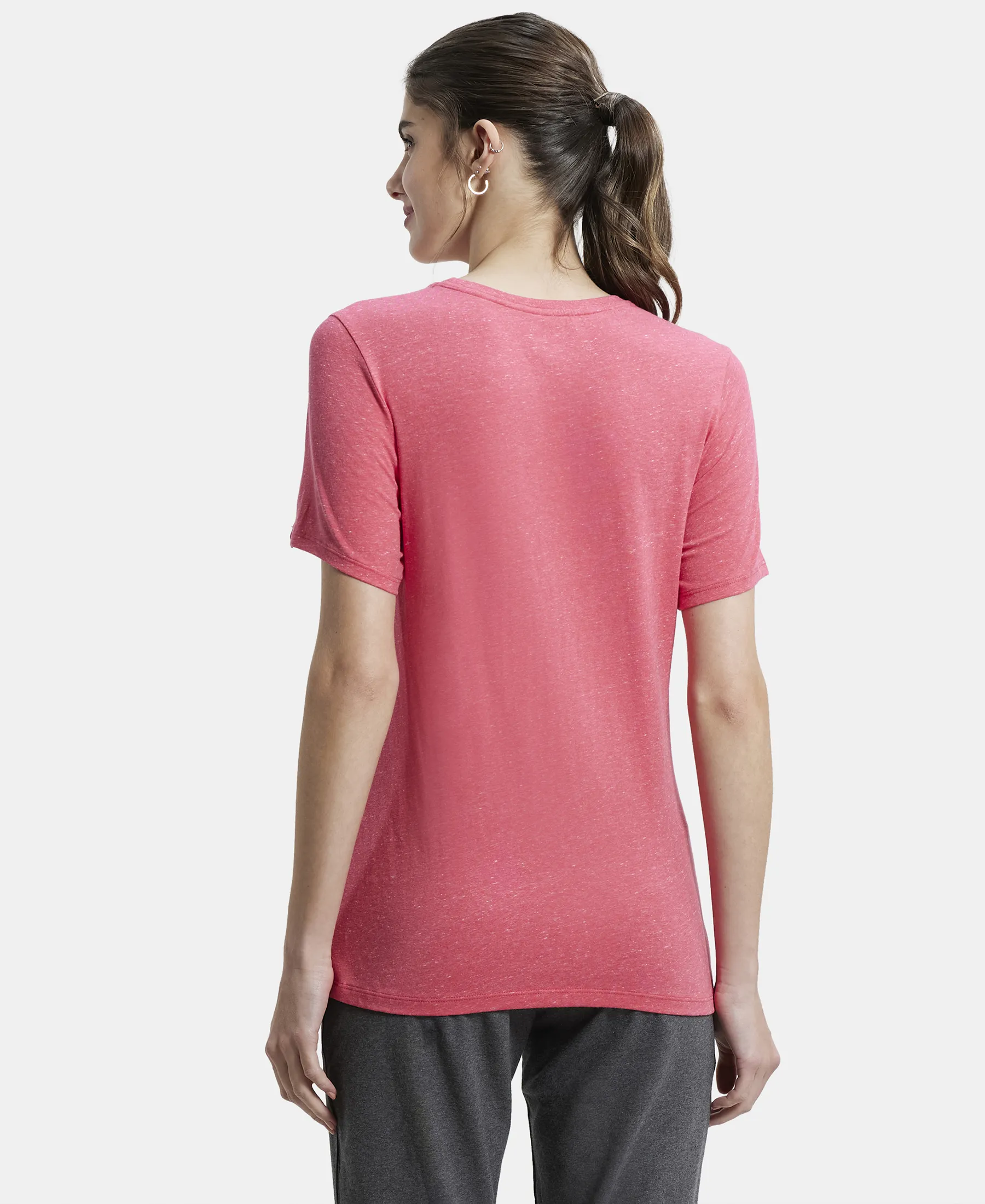 Super Combed Cotton Elastane Stretch Regular Fit Solid Round Neck Half Sleeve T-Shirt - Ruby Snow Melange - Image 3