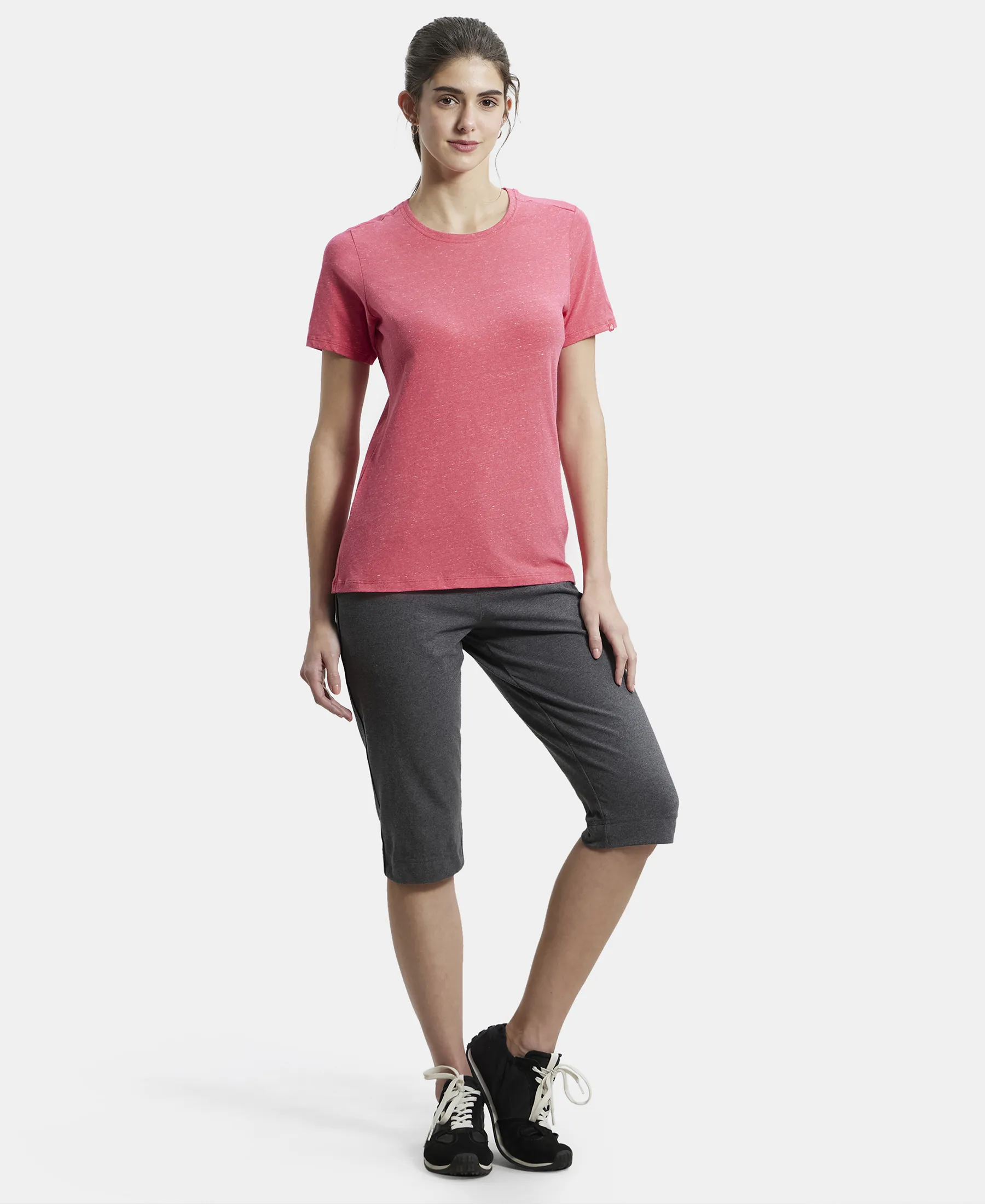 Super Combed Cotton Elastane Stretch Regular Fit Solid Round Neck Half Sleeve T-Shirt - Ruby Snow Melange - Image 4