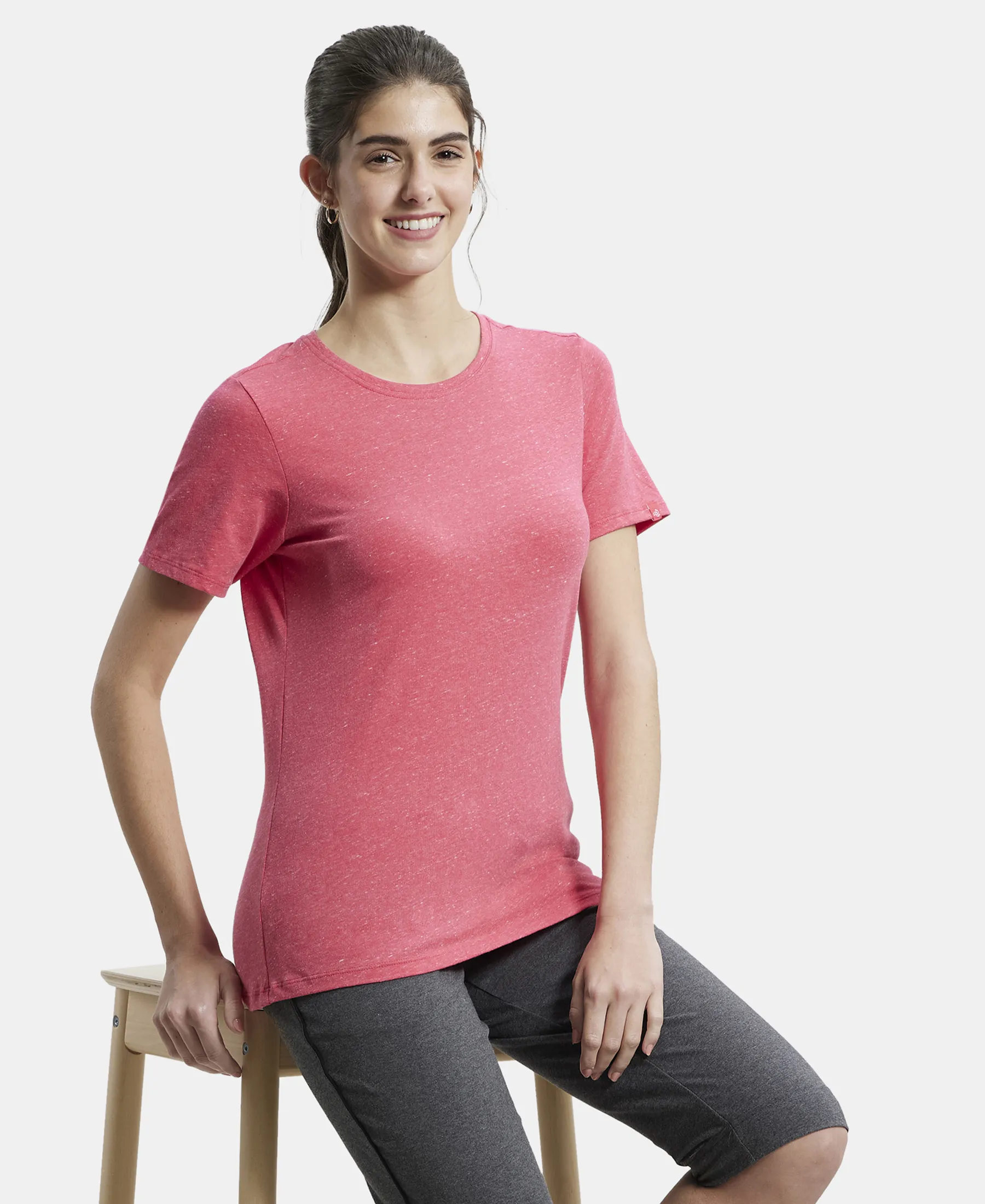 Super Combed Cotton Elastane Stretch Regular Fit Solid Round Neck Half Sleeve T-Shirt - Ruby Snow Melange - Image 5