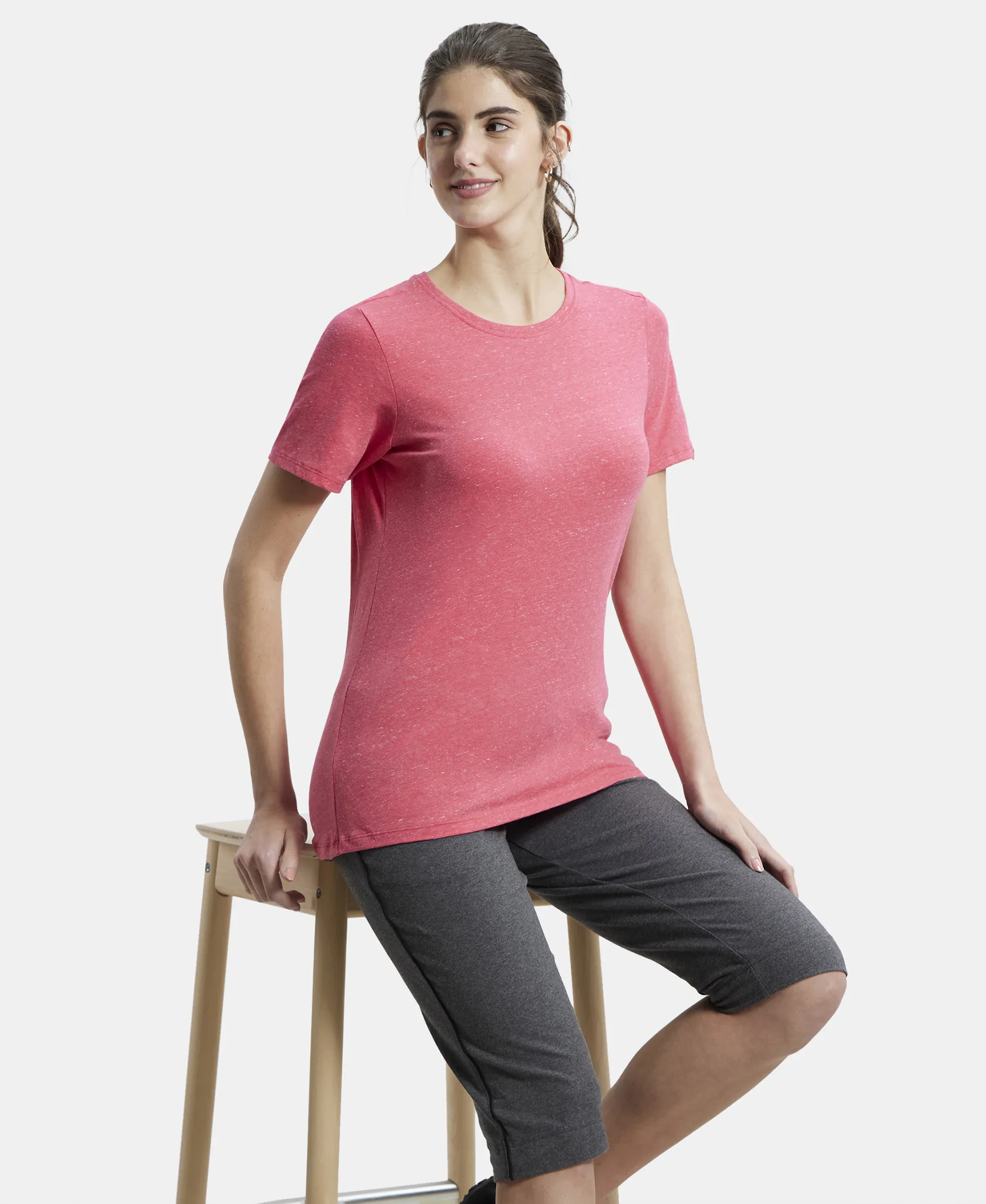 Super Combed Cotton Elastane Stretch Regular Fit Solid Round Neck Half Sleeve T-Shirt - Ruby Snow Melange - Image 6