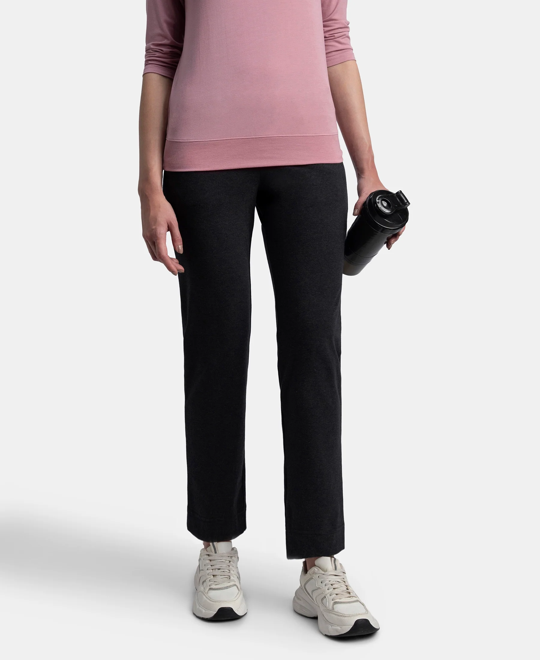 Super Combed Cotton Elastane Stretch Relaxed Fit Trackpants With Side Pockets - Black Melange - Image 5