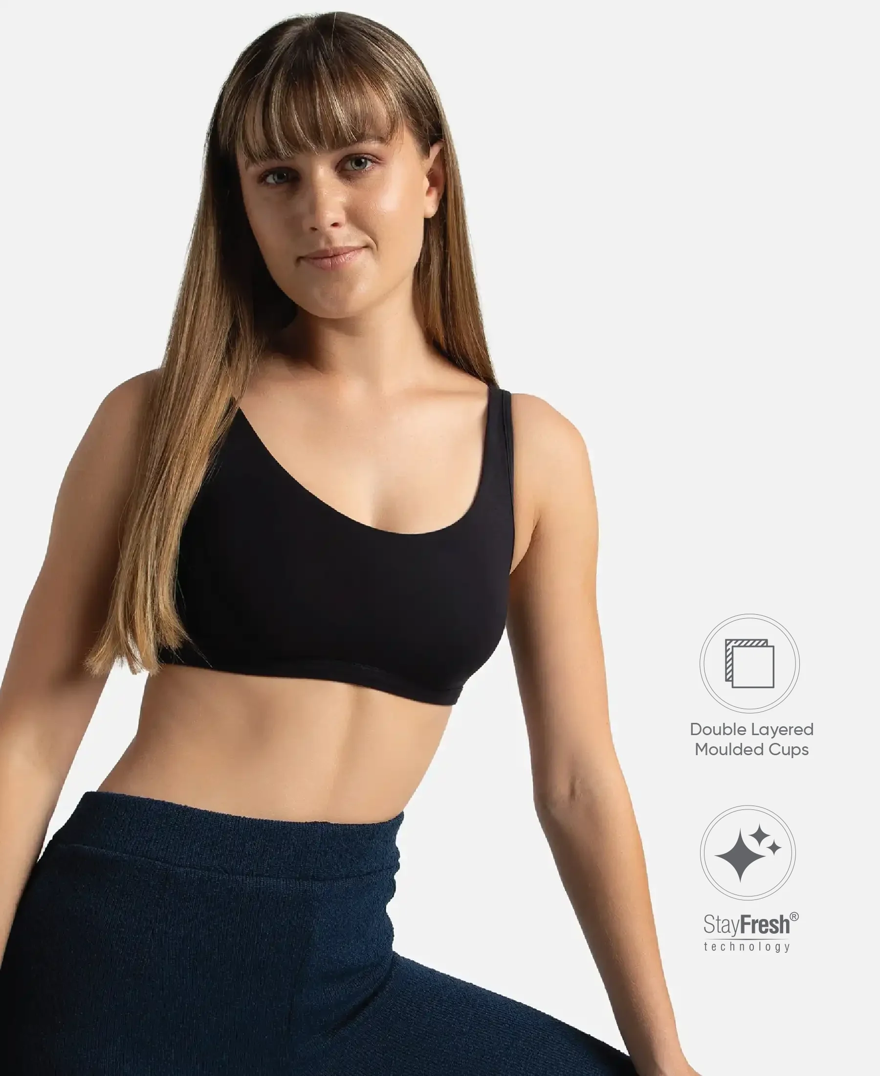 Super Combed Cotton Elastane Stretch Slip On Lounge Bra With StayFresh Treatment - Black - Image 2