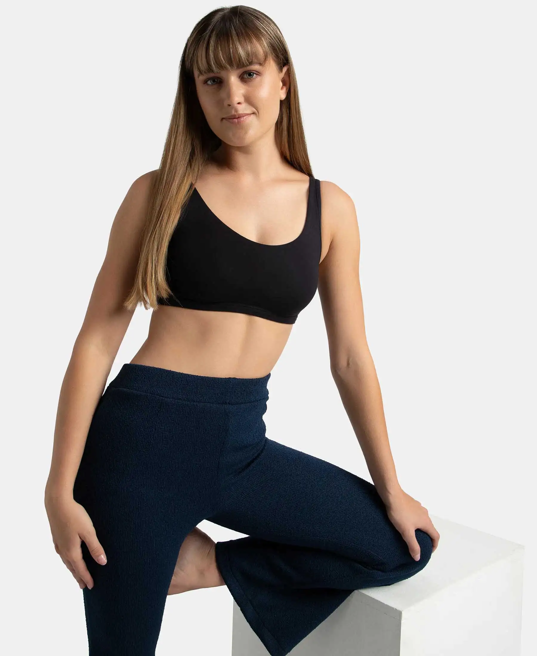 Super Combed Cotton Elastane Stretch Slip On Lounge Bra With StayFresh Treatment - Black - Image 5