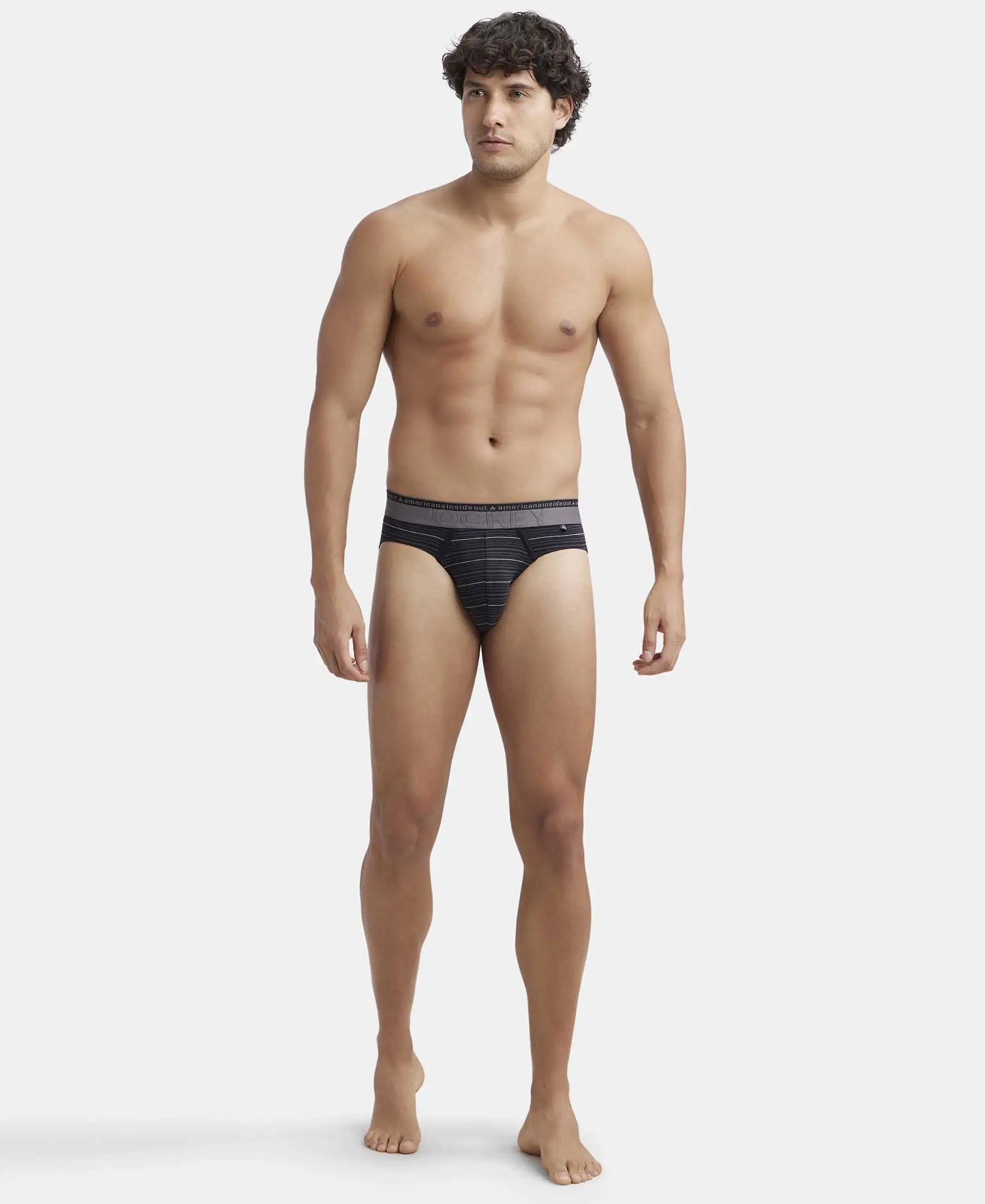 Super Combed Cotton Elastane Stretch Striped Brief with Ultrasoft Waistband  - Black - Image 4