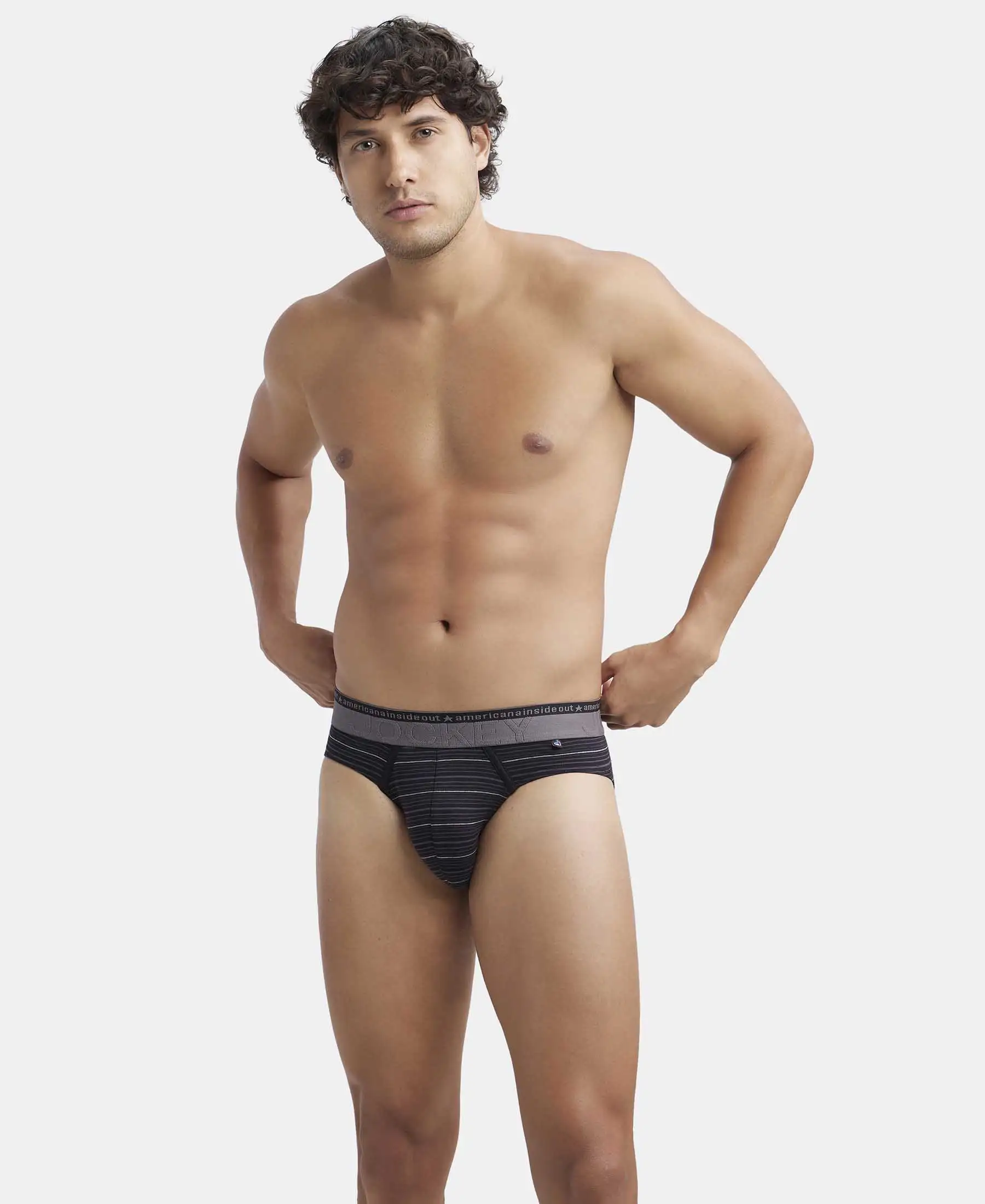Super Combed Cotton Elastane Stretch Striped Brief with Ultrasoft Waistband  - Black - Image 5