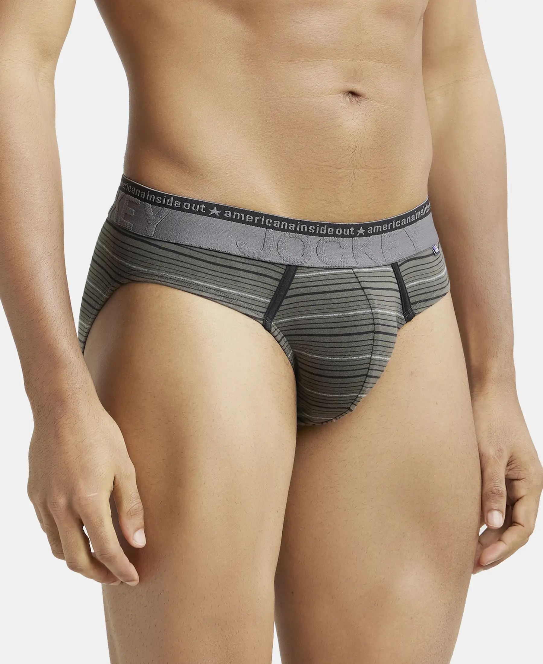 Super Combed Cotton Elastane Stretch Striped Brief with Ultrasoft Waistband  - Deep Olive - Image 2