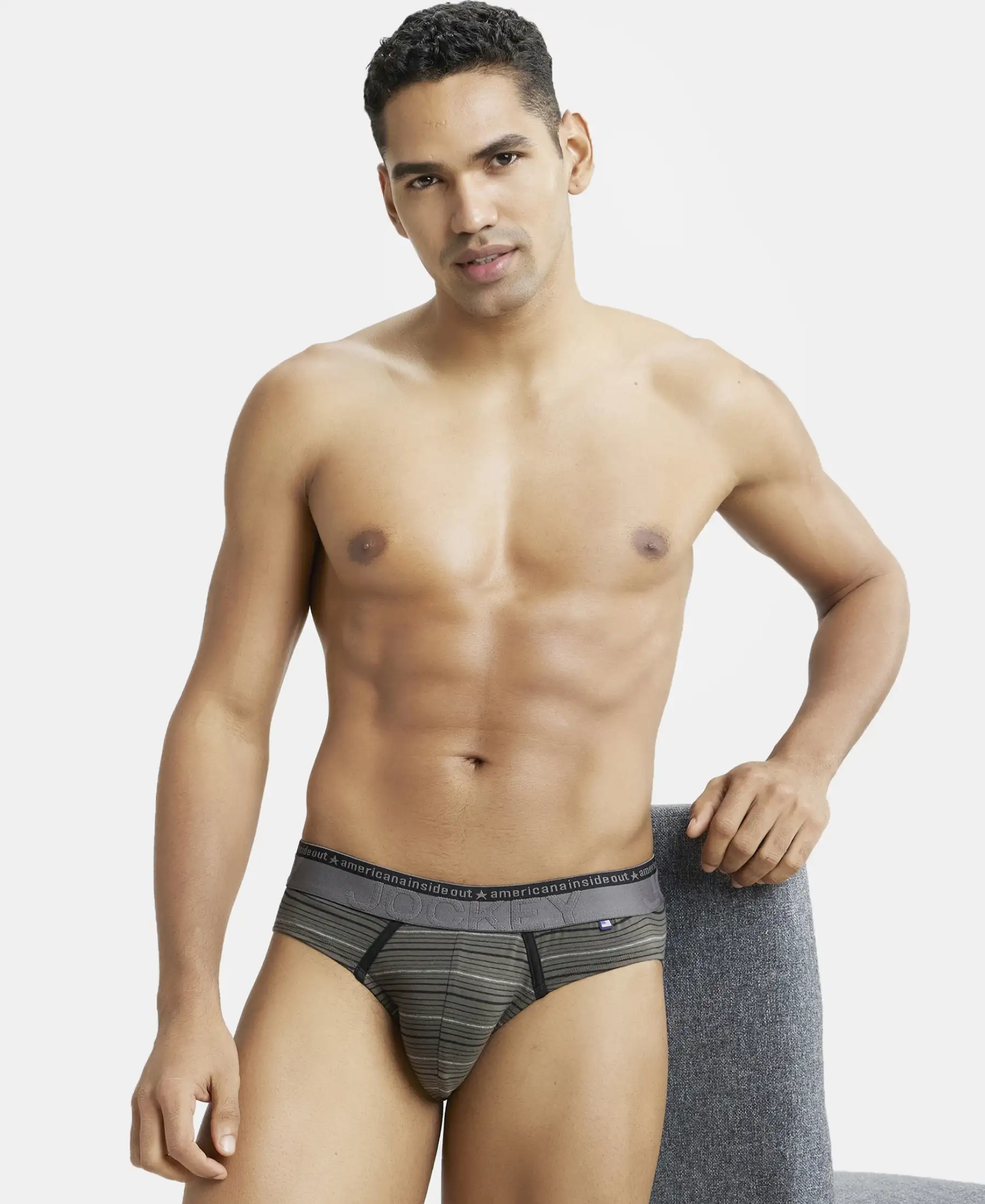 Super Combed Cotton Elastane Stretch Striped Brief with Ultrasoft Waistband  - Deep Olive - Image 5
