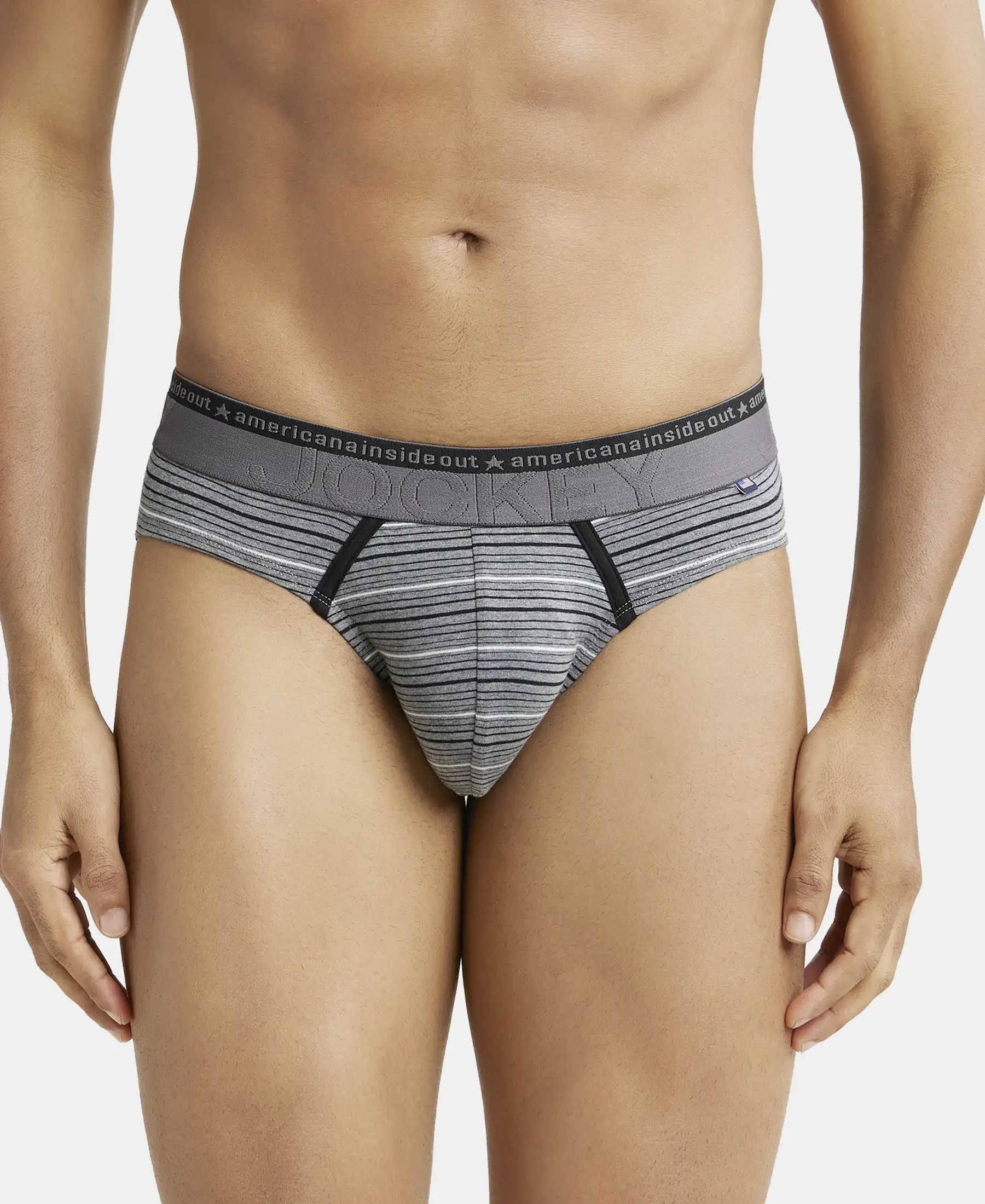 Super Combed Cotton Elastane Stretch Striped Brief with Ultrasoft Waistband - Mid Grey Melange