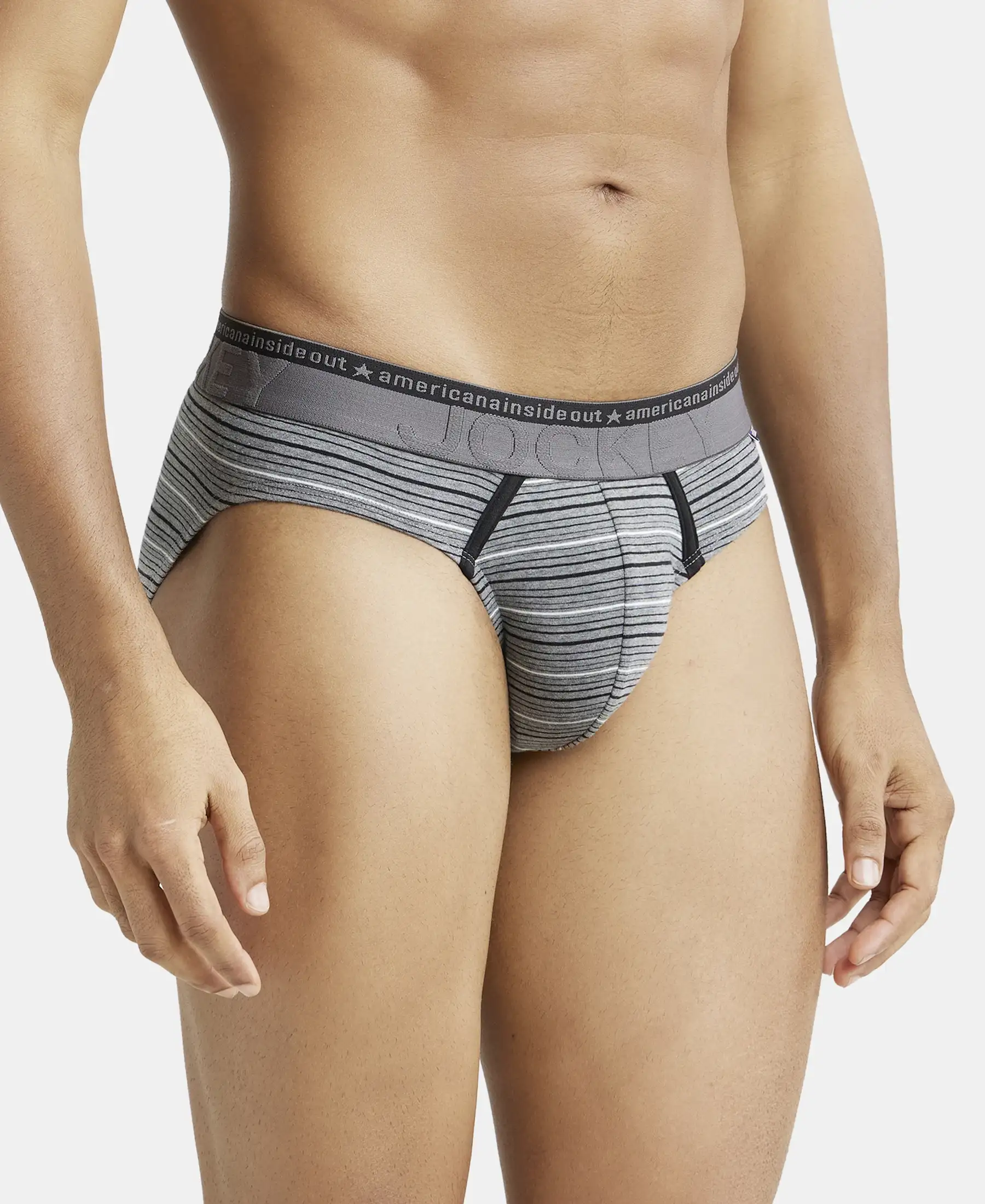 Super Combed Cotton Elastane Stretch Striped Brief with Ultrasoft Waistband - Mid Grey Melange - Image 2
