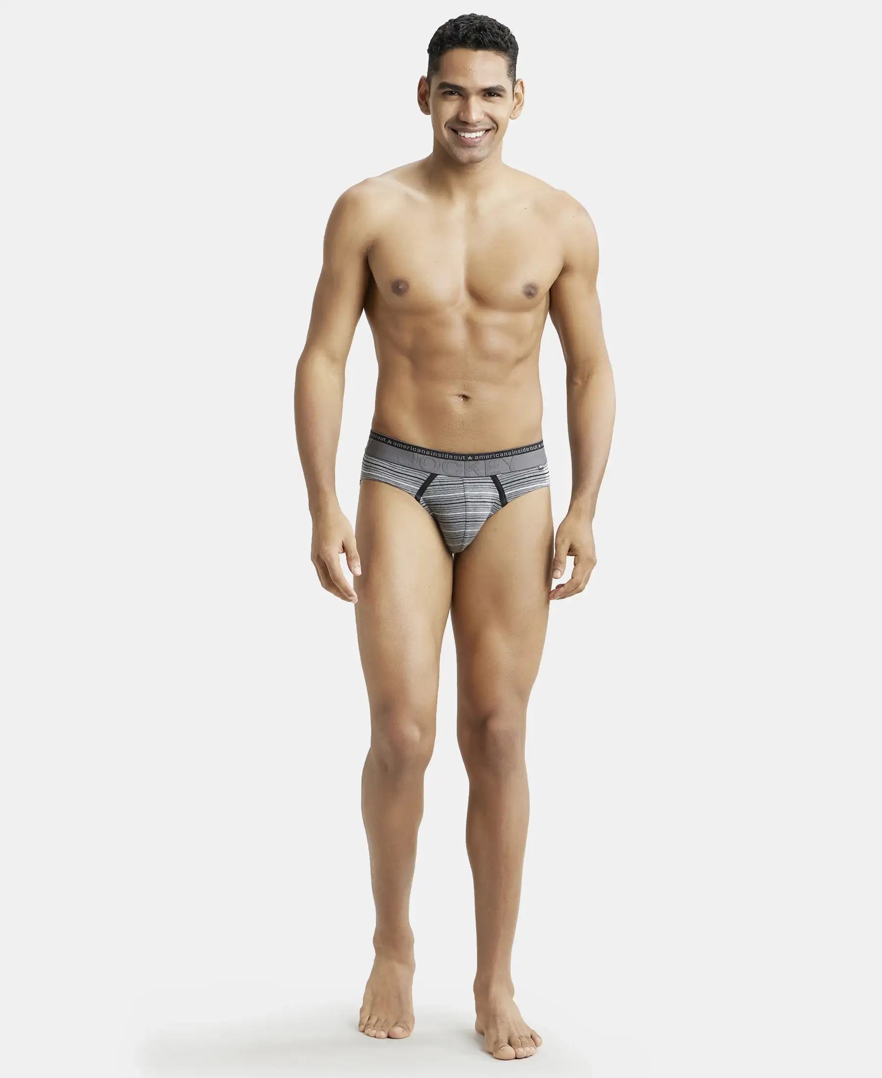 Super Combed Cotton Elastane Stretch Striped Brief with Ultrasoft Waistband - Mid Grey Melange - Image 4