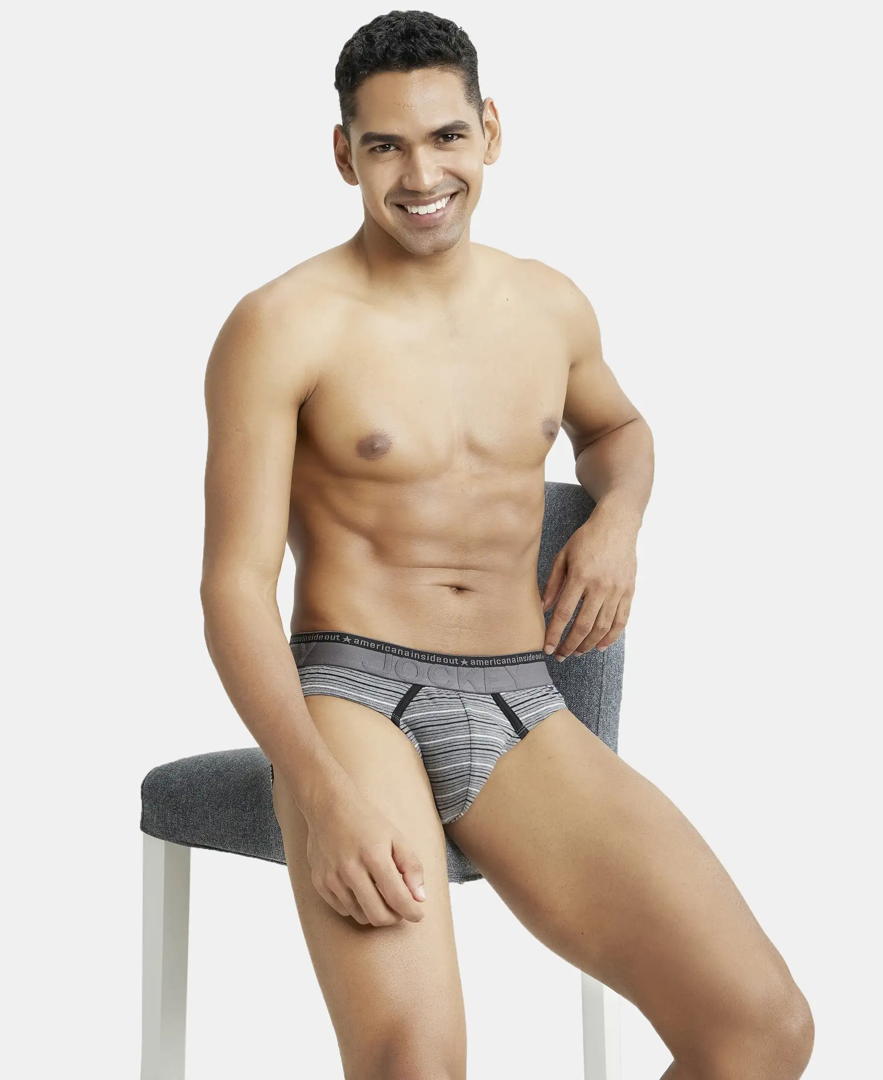 Super Combed Cotton Elastane Stretch Striped Brief with Ultrasoft Waistband - Mid Grey Melange - Image 5