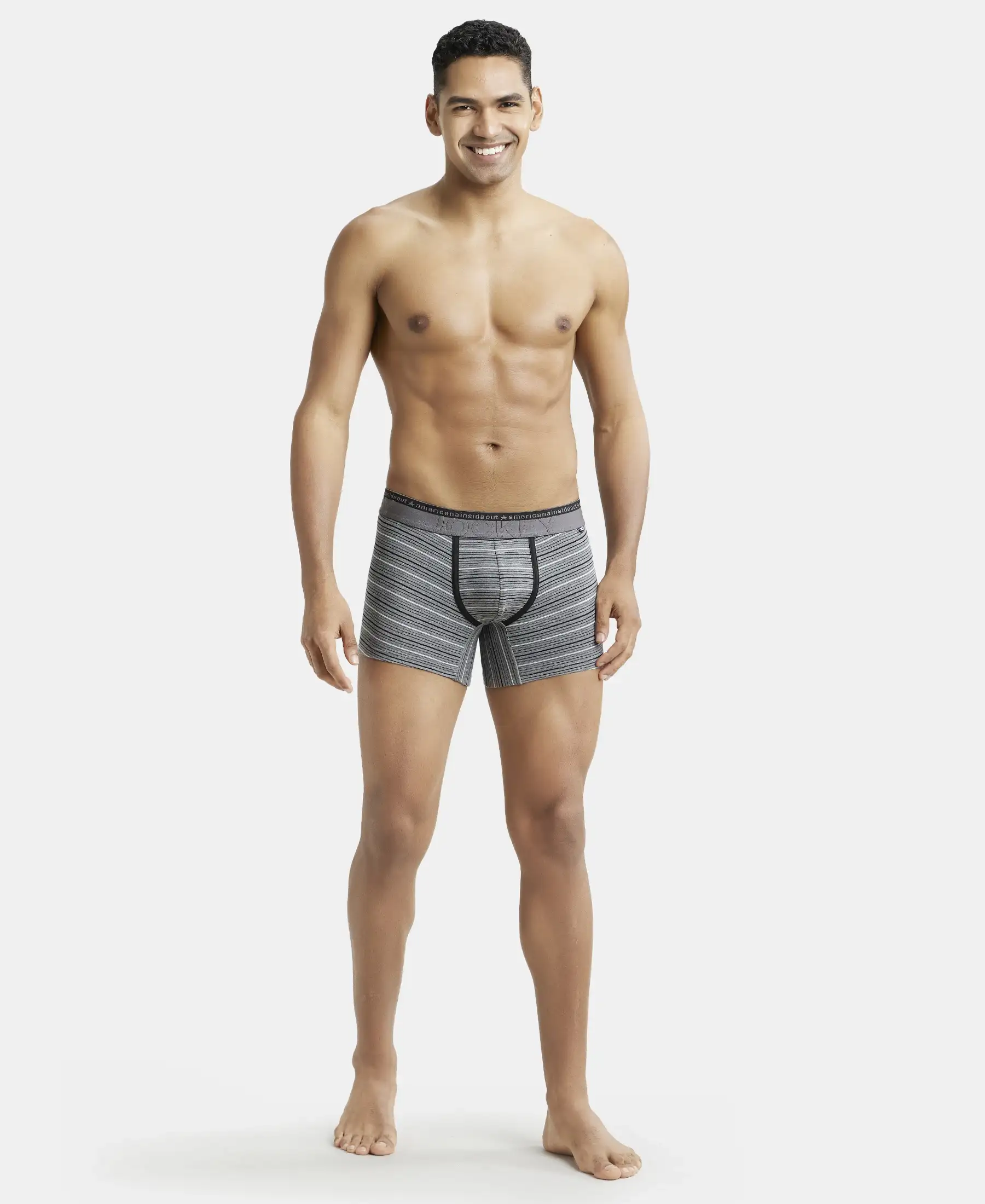 Super Combed Cotton Elastane Stretch Stripe Trunk with Ultrasoft Waistband - Mid Grey Melange - Image 4