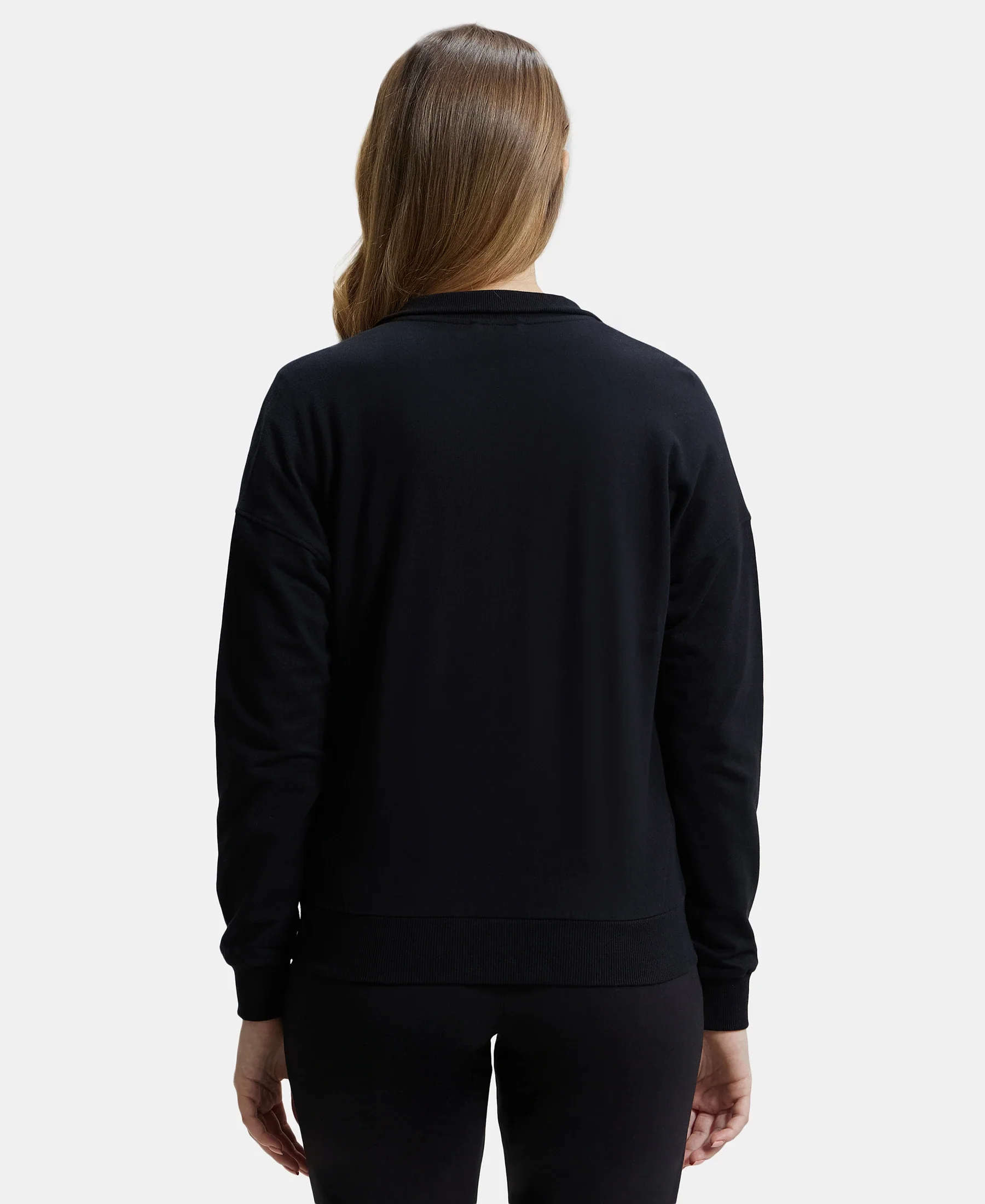 Super Combed Cotton French Terry Drop Shoulder Styled Jacket with Ribbed Cuff and Hem - Black - Image 3