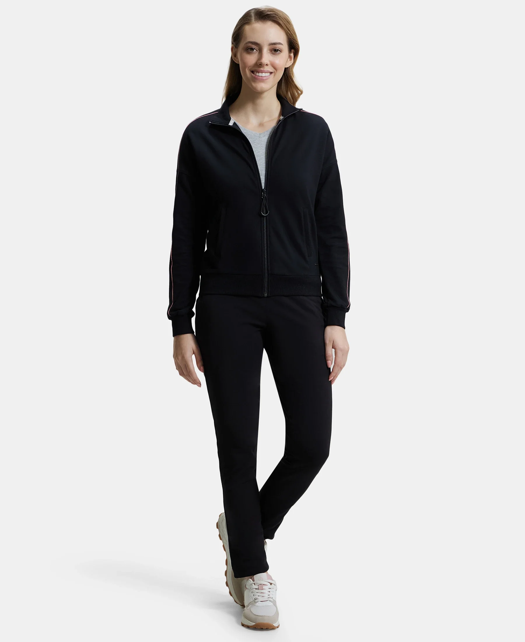 Super Combed Cotton French Terry Drop Shoulder Styled Jacket with Ribbed Cuff and Hem - Black - Image 4