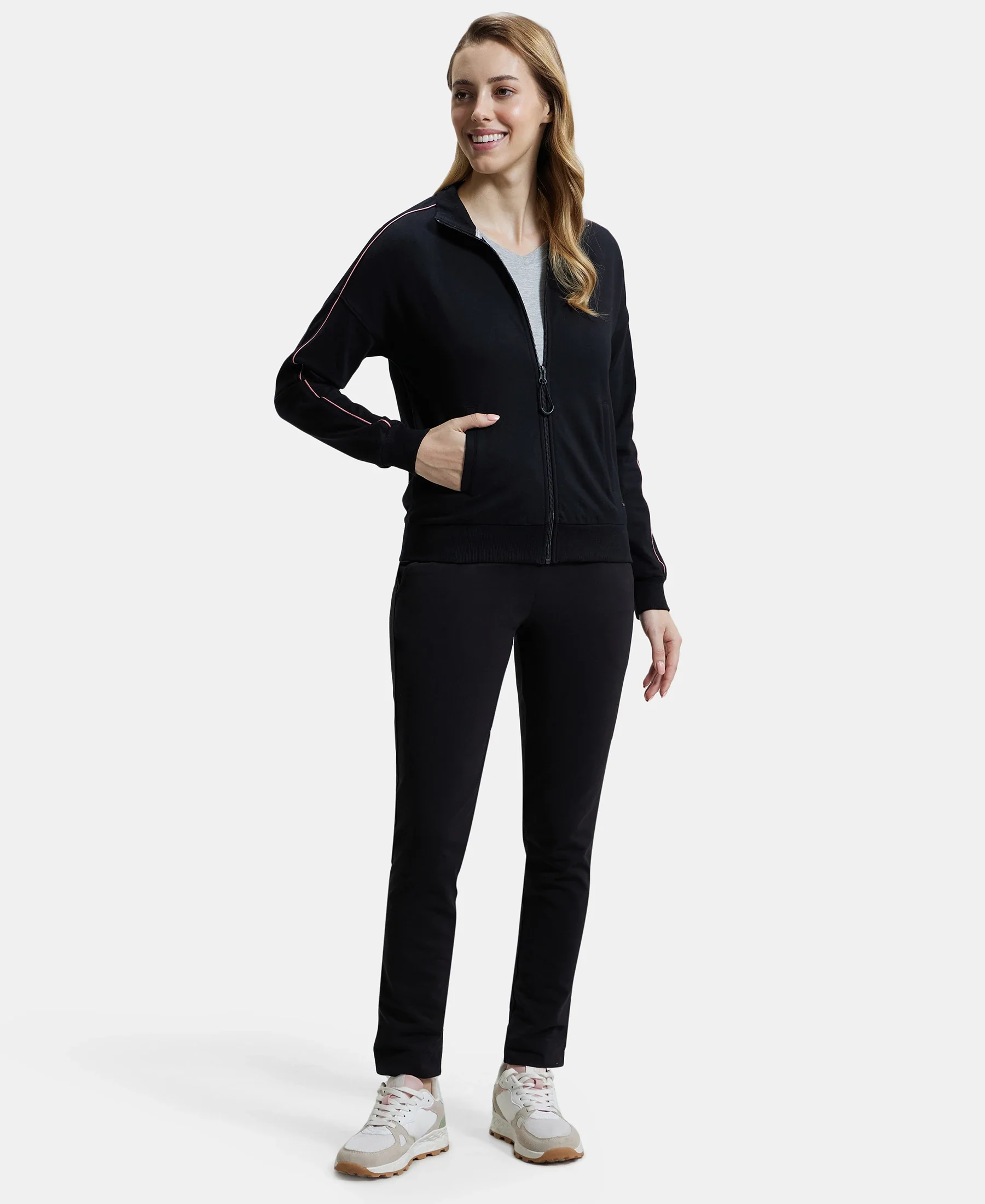 Super Combed Cotton French Terry Drop Shoulder Styled Jacket with Ribbed Cuff and Hem - Black - Image 6
