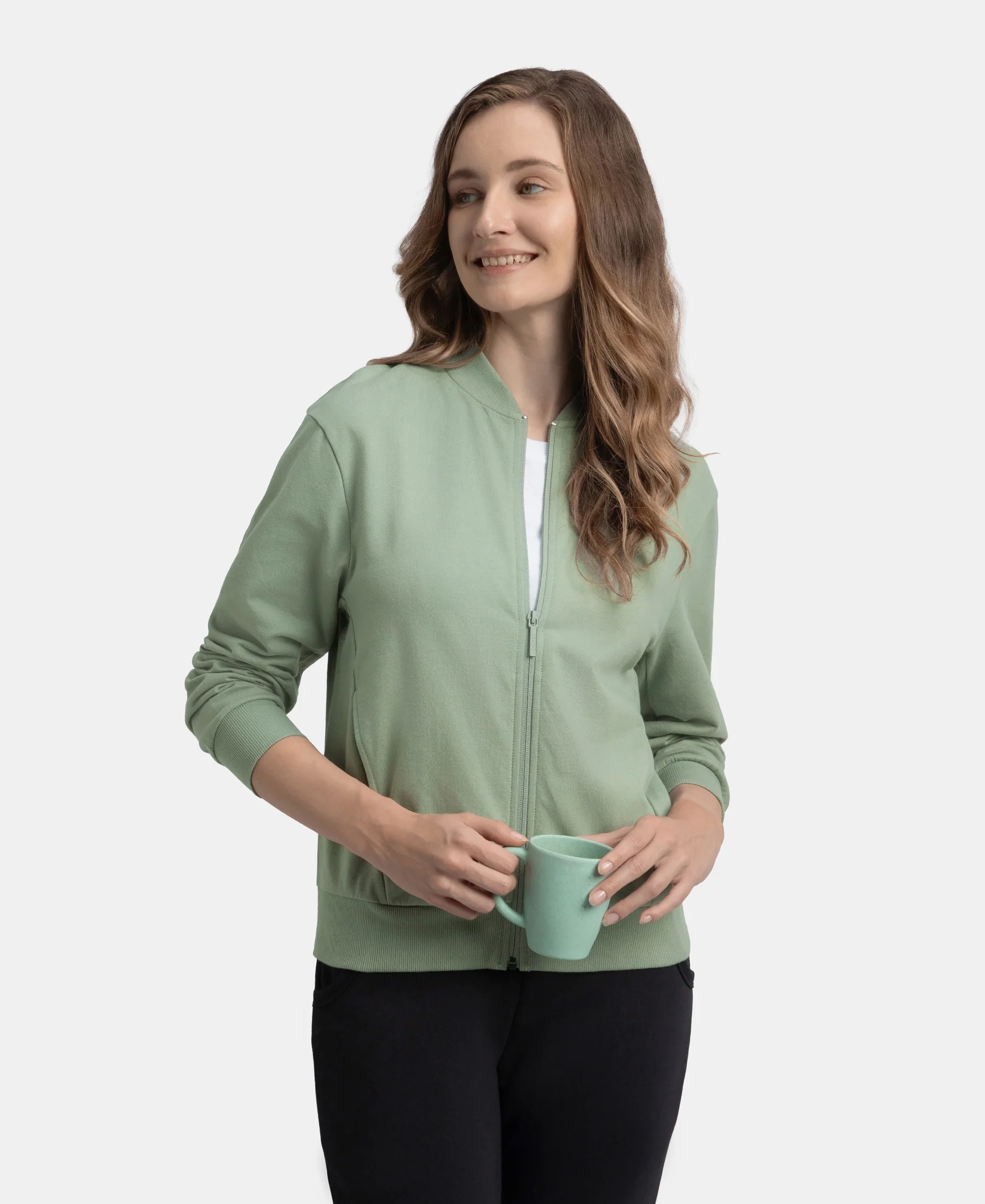 Super Combed Cotton French Terry Drop Shoulder Styled Jacket with Ribbed Cuff and Hem - Iceberg Green - Image 5
