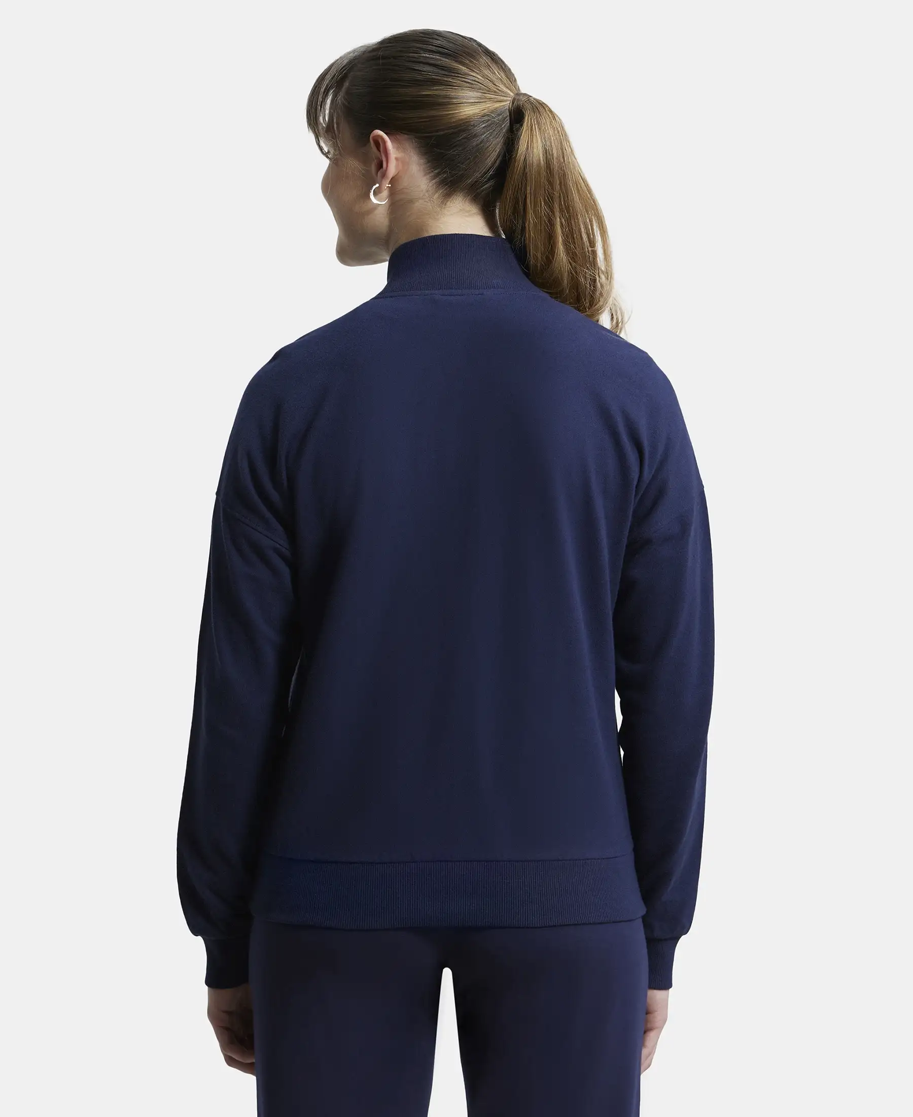 Super Combed Cotton French Terry Drop Shoulder Styled Jacket with Ribbed Cuff and Hem - Navy Blazer - Image 3