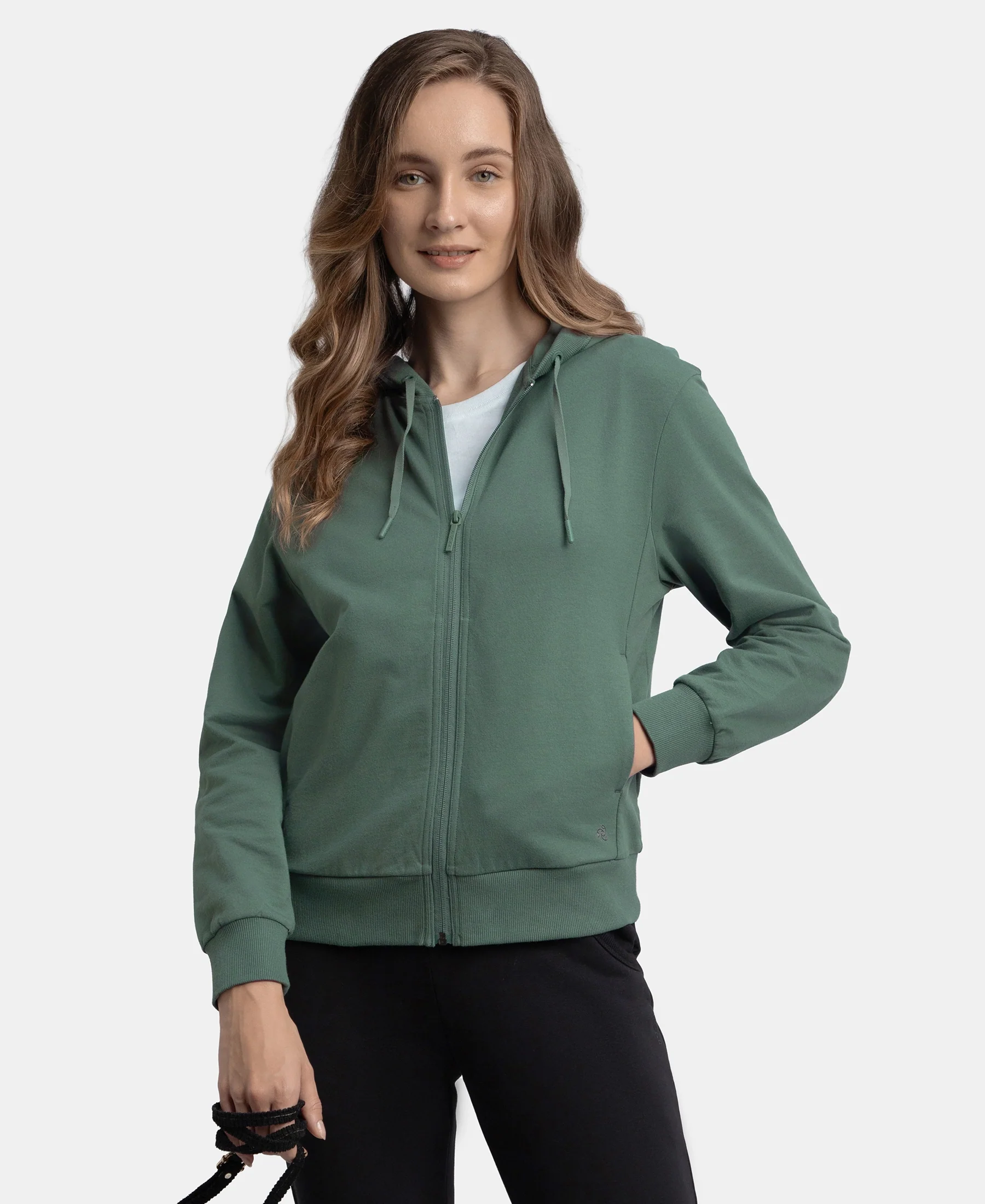 Super Combed Cotton French Terry Fabric Hoodie Jacket with Side Pockets - Balsam Green - Image 5