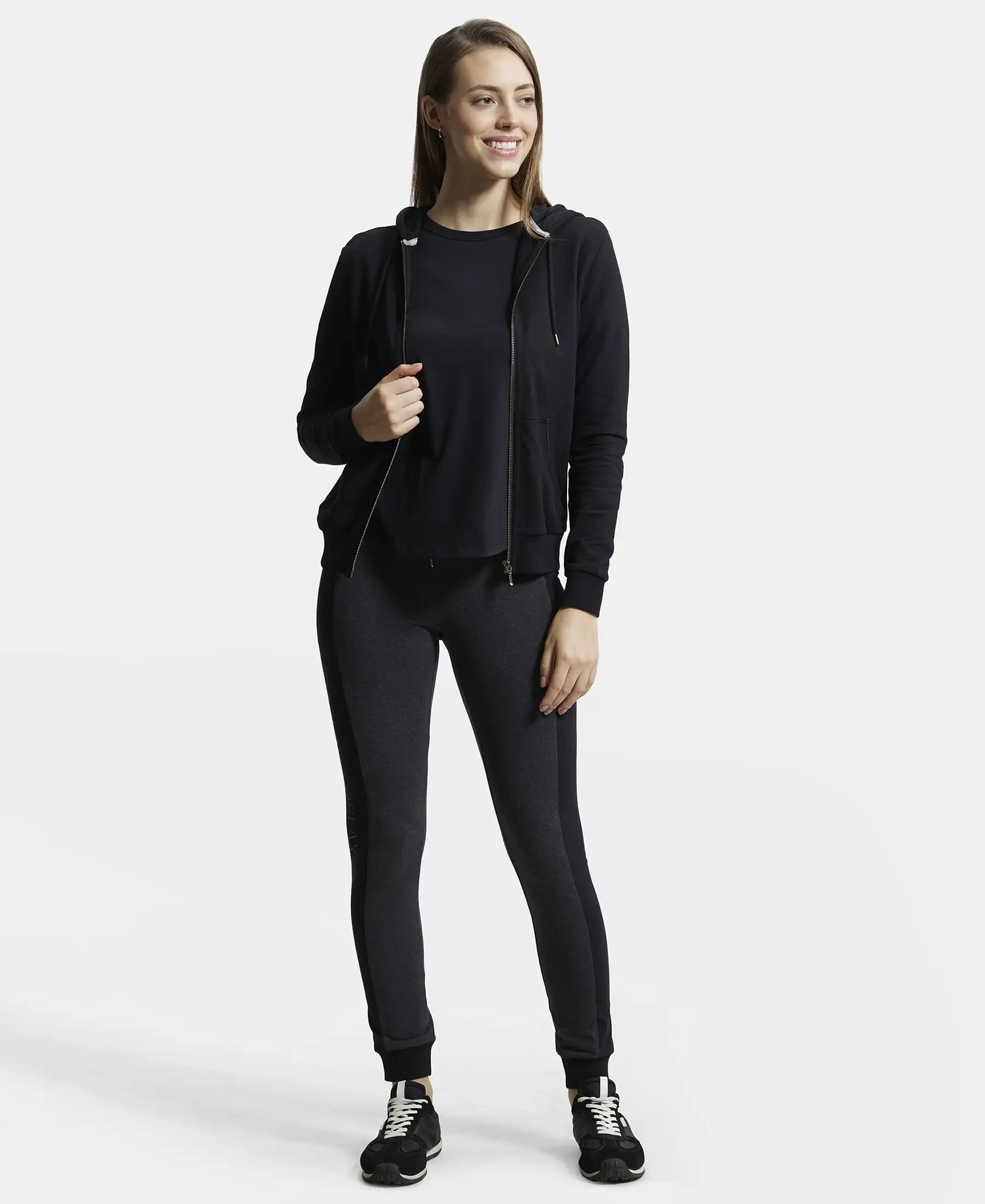 Super Combed Cotton French Terry Fabric Hoodie Jacket with Side Pockets - Black - Image 4